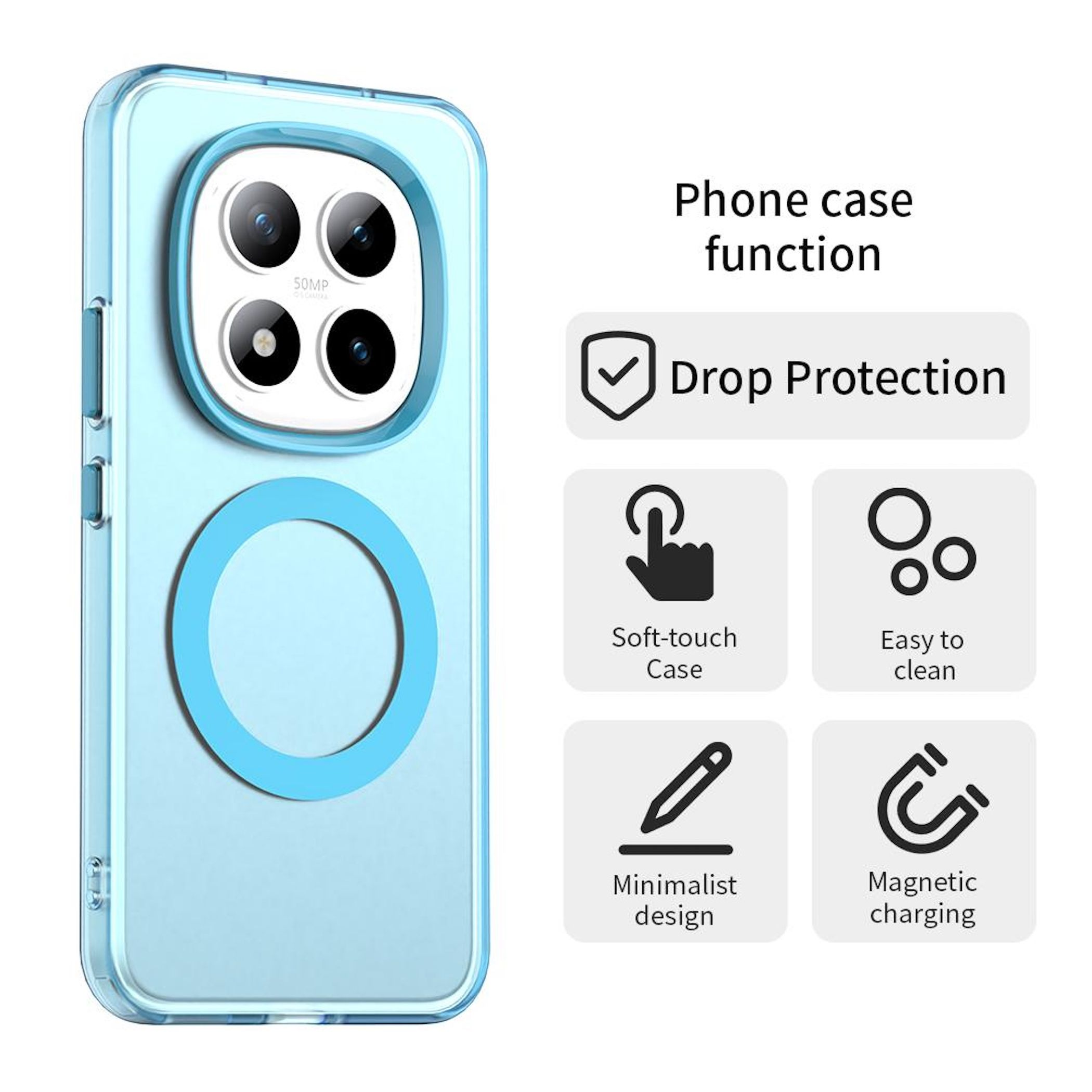 Una funda de teléfono con un recorte de cámara y un anillo magnético azul. Características: protección contra caídas, tacto suave, fácil limpieza, diseño minimalista, carga magnética.