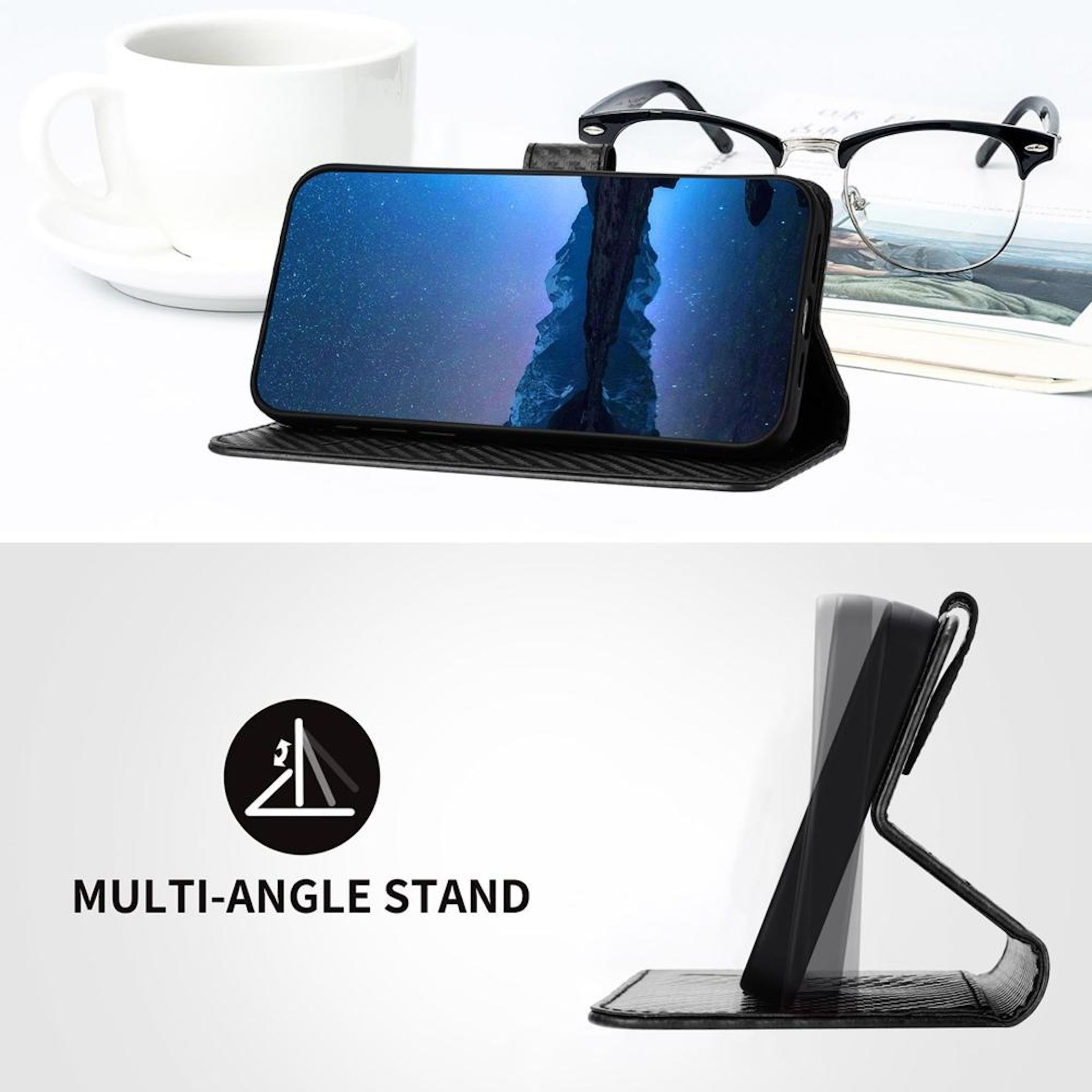 Ein Telefon in einer Hülle liegt auf einem Tisch mit einer Kaffeetasse, einer Brille und einer Zeitschrift. Die Hülle dient als Multi-Winkel-Ständer.