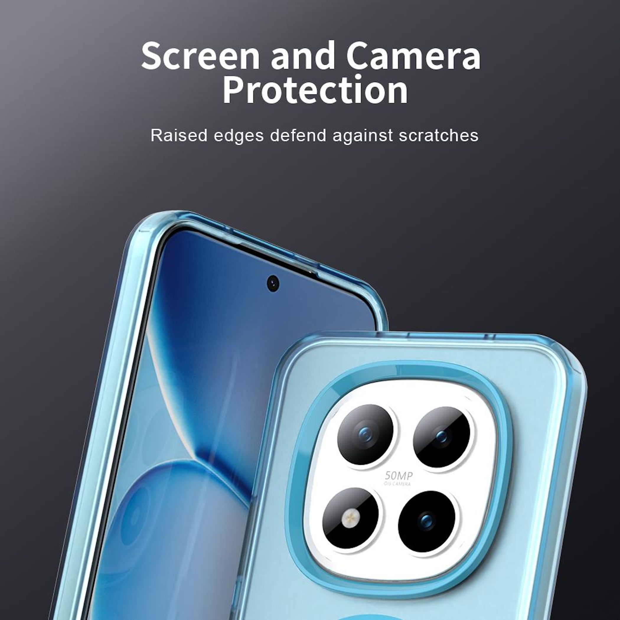 Funda de teléfono, protección de pantalla y cámara. Funda azul en el teléfono, fondo negro, texto blanco.