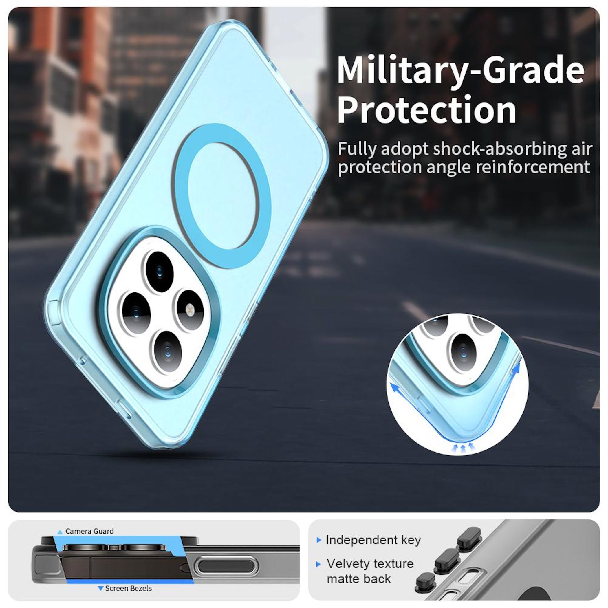 Una funda transparente para teléfono con un círculo magnético azul, que muestra características como protector de cámara y teclas independientes.