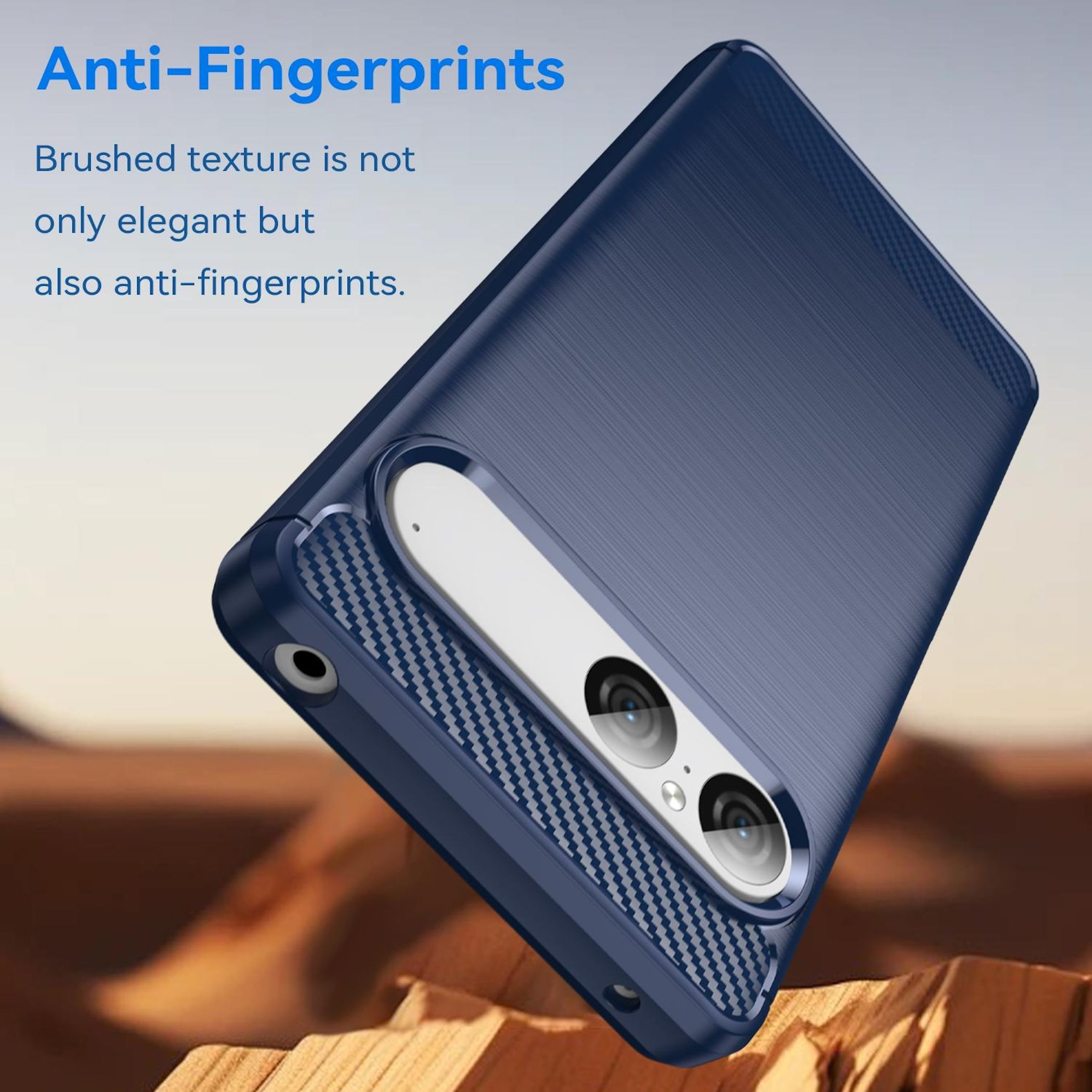 Eine dunkelblaue Handyhülle. Sie hat eine gebürstete Textur und zwei Kameralinsen. Text: Anti-Fingerprints.