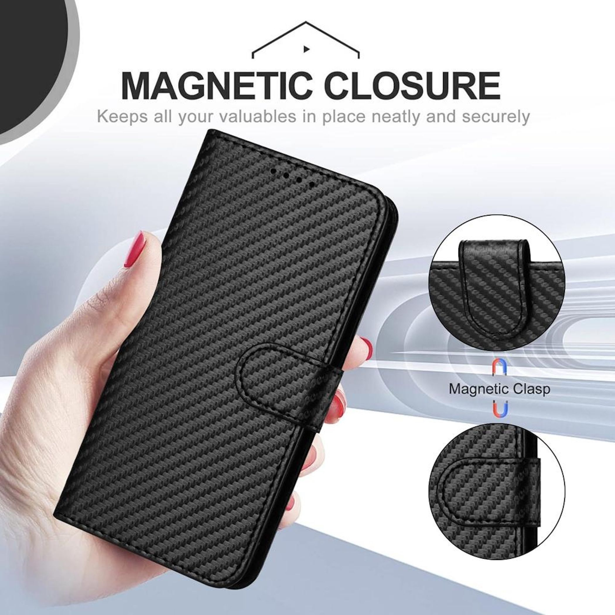 Eine Hand hält eine schwarze Handyhülle mit Magnetverschluss. Details des Verschlusses sind in einem Kreis dargestellt.