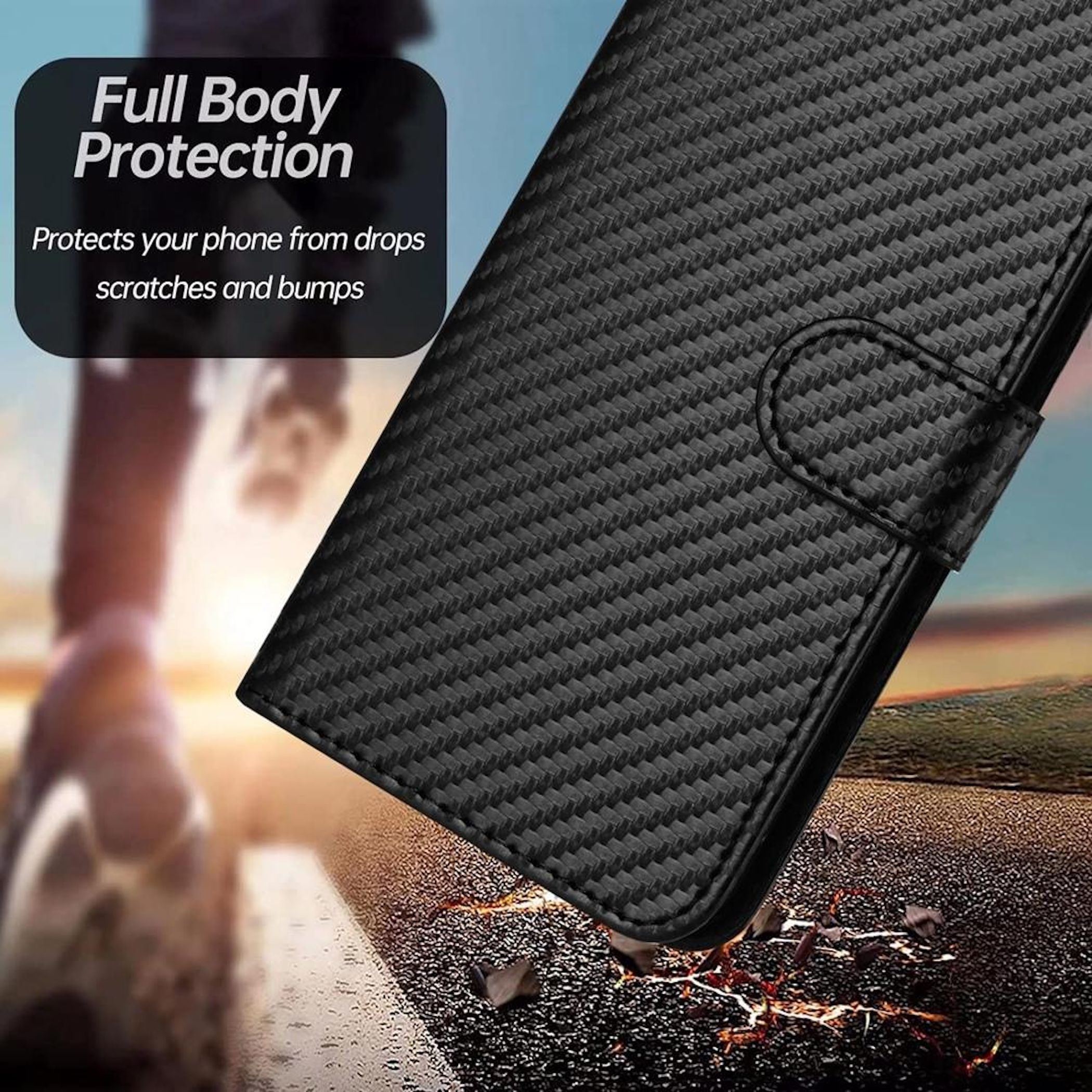 Eine schwarze Handyhülle mit Karbonfasertextur wird mit dem Text "Full Body Protection" angezeigt.