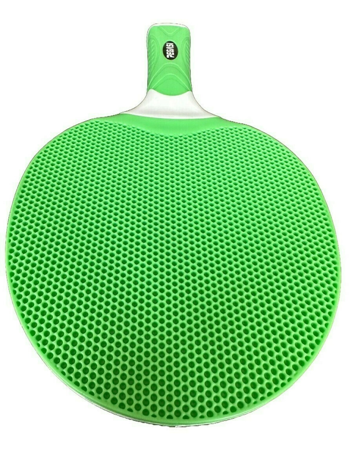 A green ping pong paddle on white background. Paddle has a green textured surface and handle. The brand name is visible on the handle.
