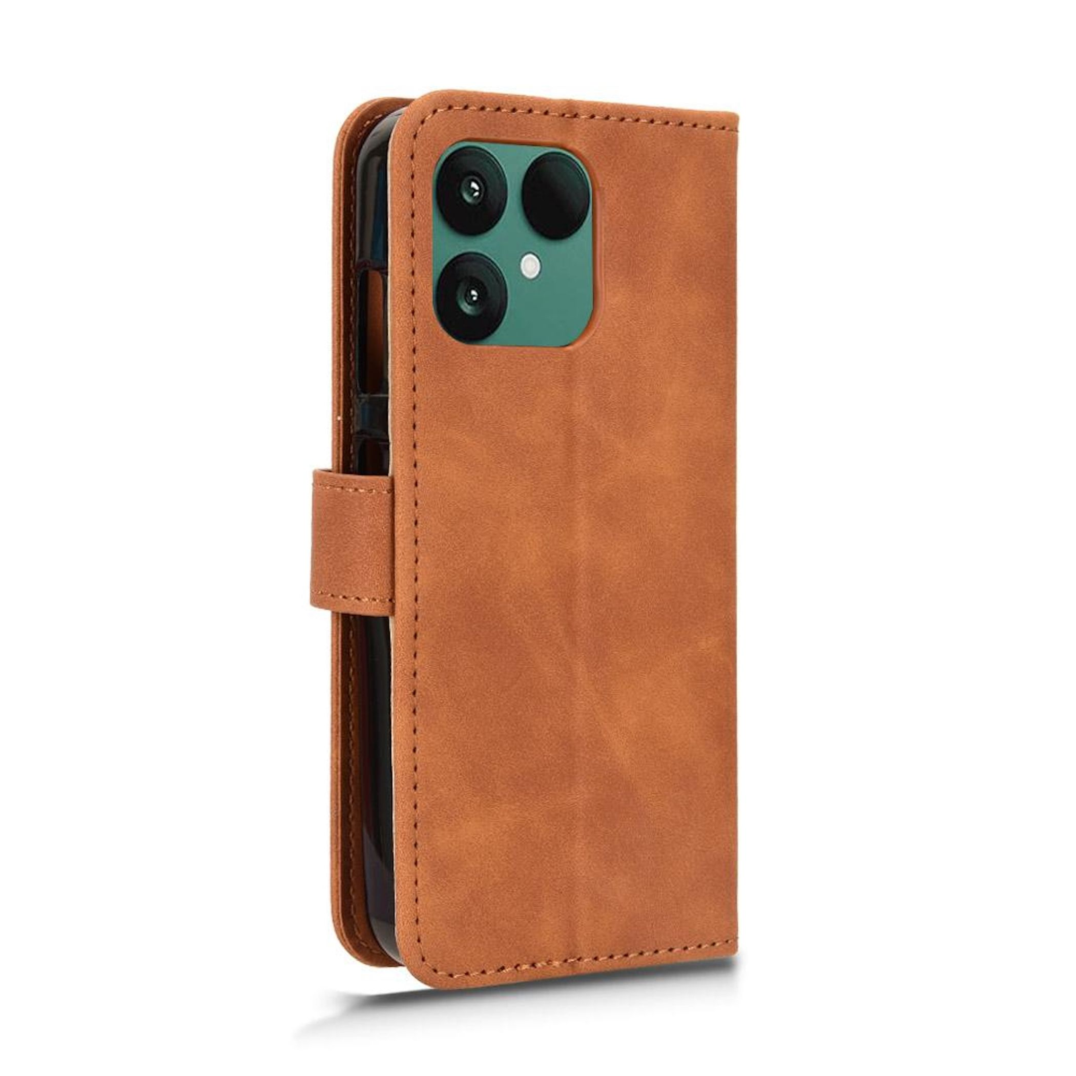 Braune Leder-Handyhülle mit sichtbarem Telefon. Es hat einen Magnetverschluss.