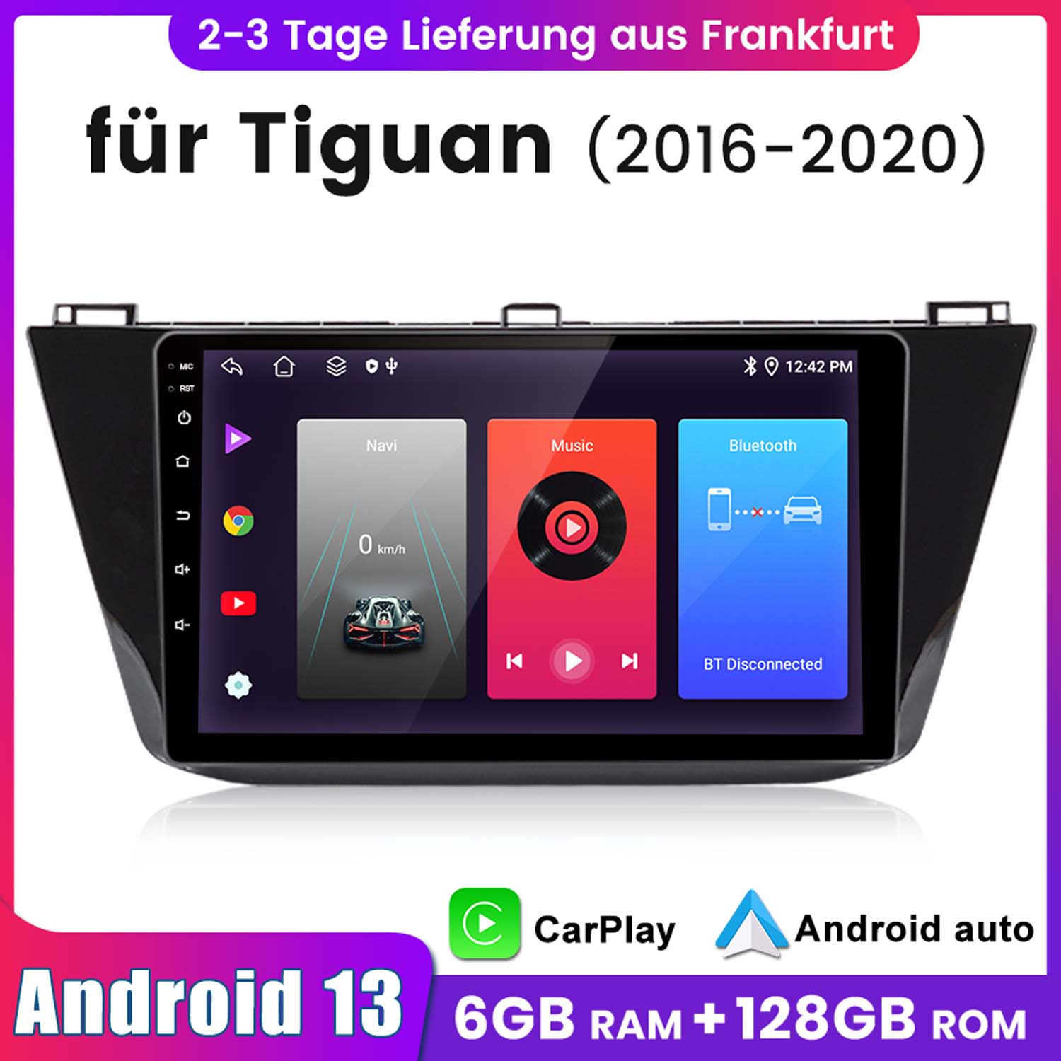 Autoradio-Bildschirm mit Navigation, Musik und Bluetooth-Optionen. Text enthält Android 13, CarPlay und Android Auto.