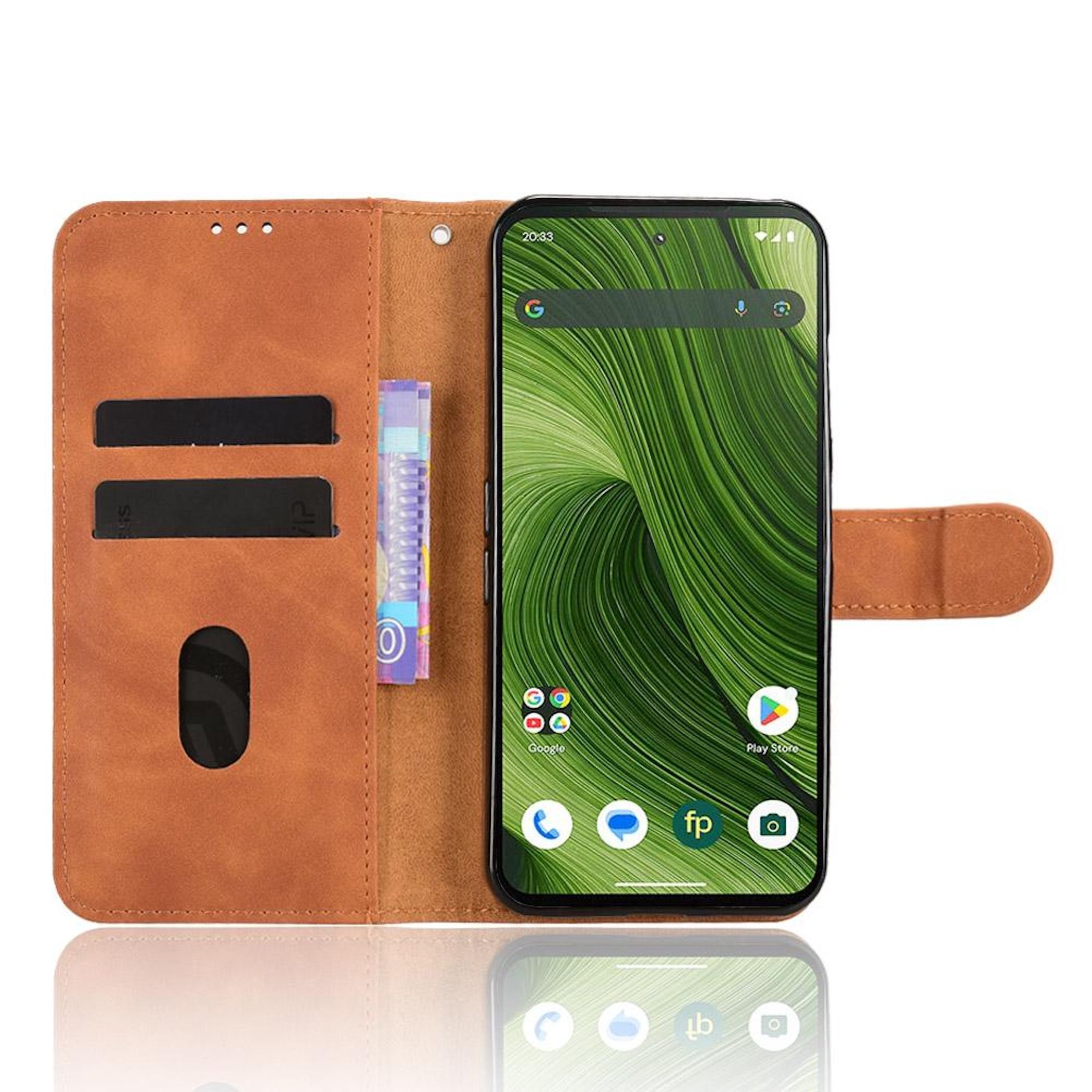 Eine braune Handyhülle mit einem Smartphone, das ein grünes wellenförmiges Muster zeigt.