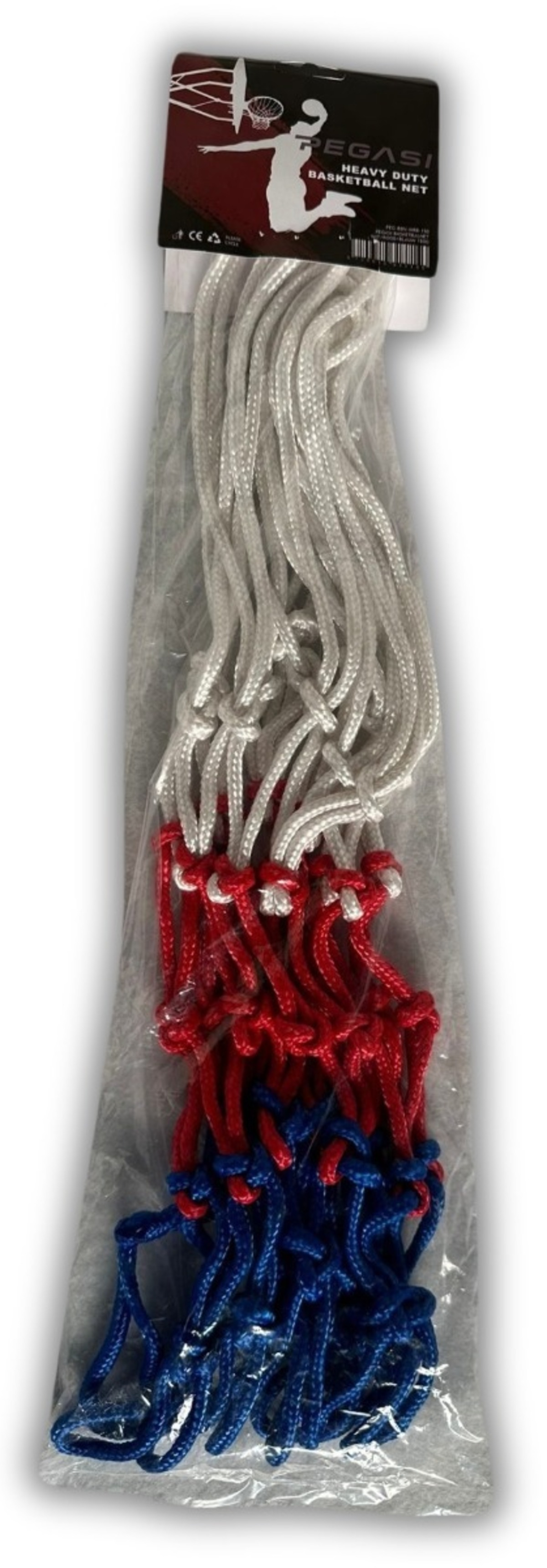 A basketball net in a plastic bag. The net is white, red, and blue. The bag has a label on top.