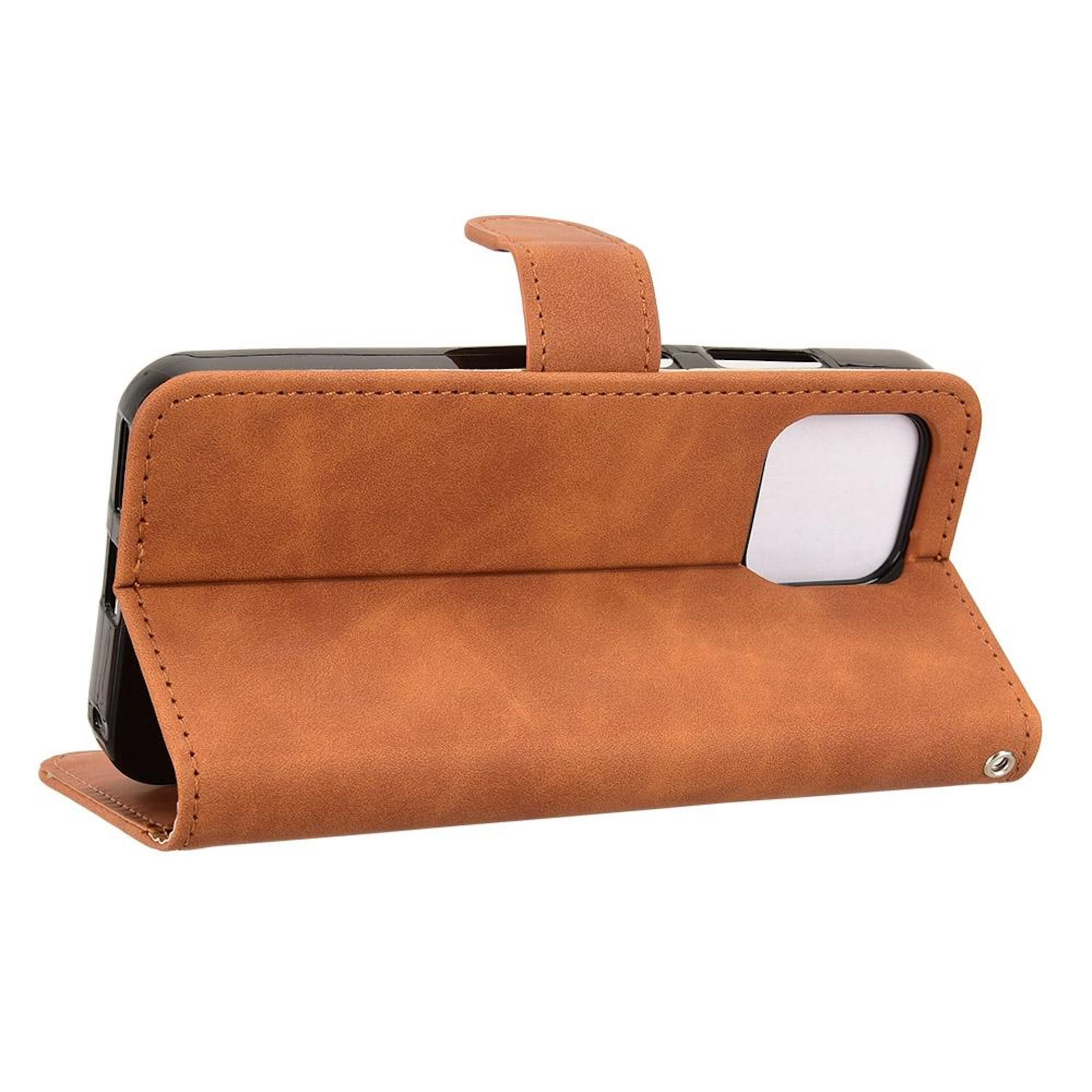 Eine braune Leder-Handyhülle ist geöffnet und zeigt das Telefon und das Innere. Der Hintergrund ist weiß.