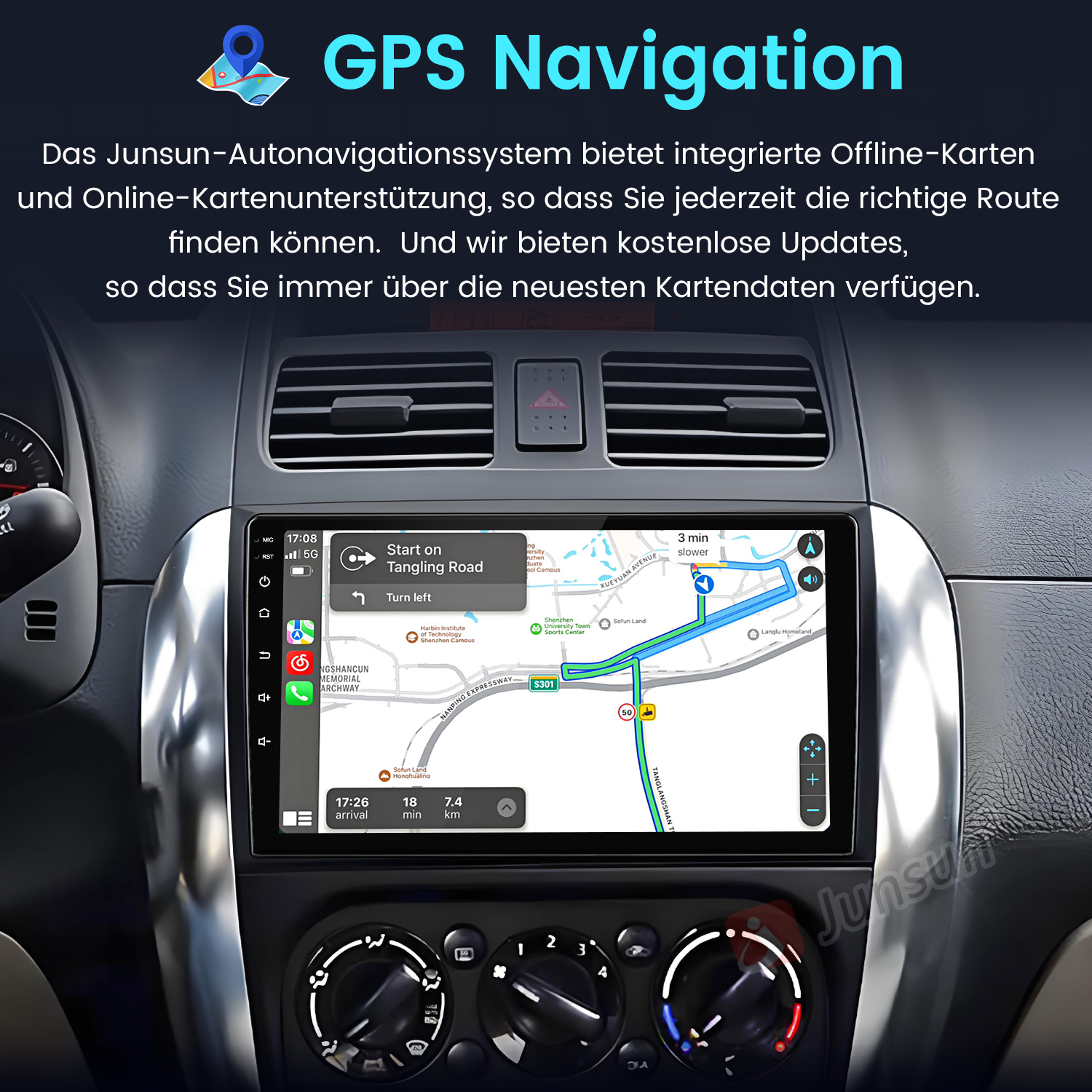 Auto-Armaturenbrett mit GPS-Navigation. Der Bildschirm zeigt eine Karte mit Routen und Abbiegehinweisen.