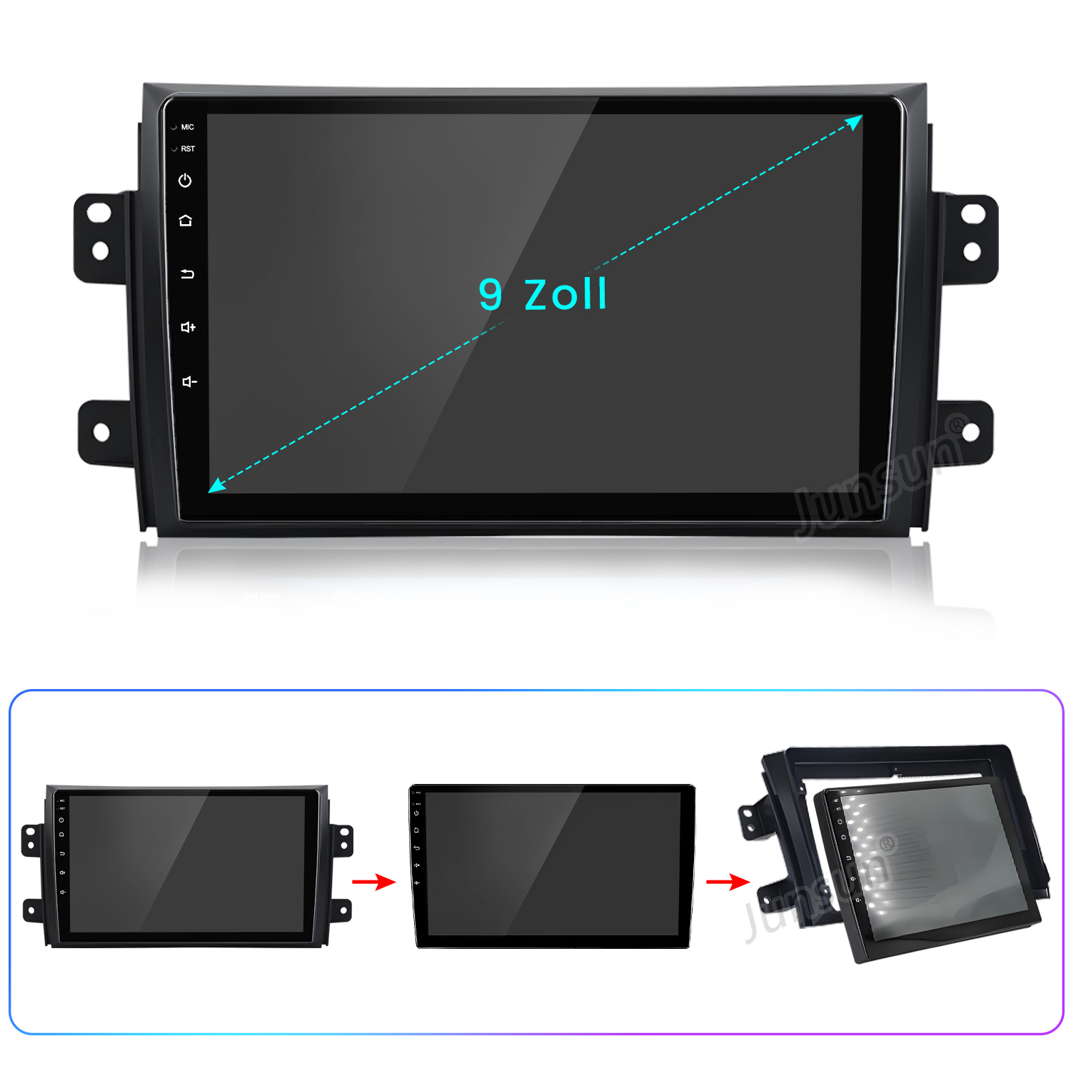 Ein Auto-Multimedia-Player mit 9-Zoll-Bildschirm wird angezeigt. Drei Bilder zeigen die Installationsschritte. Der Bildschirm hat Knöpfe an der Seite.