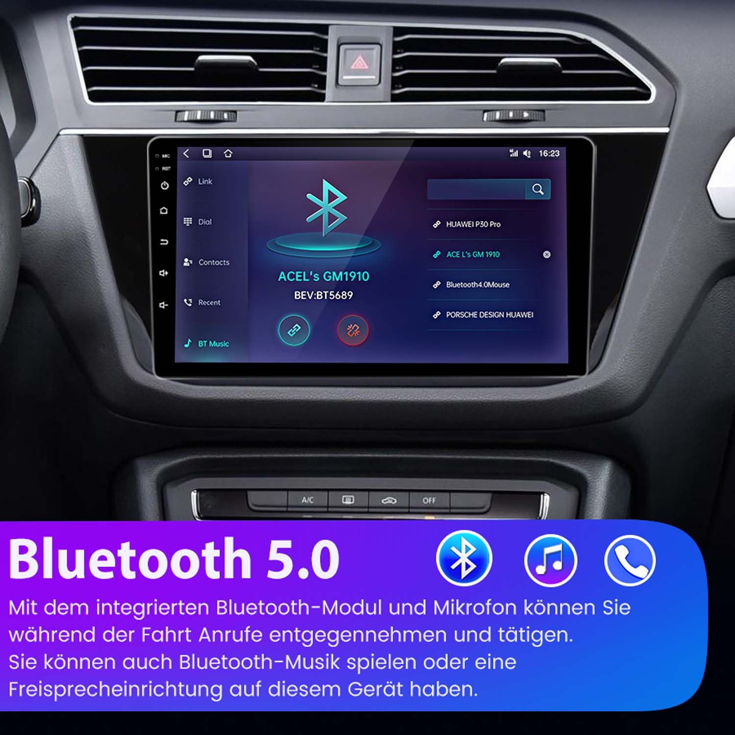 Auto-Armaturenbrett mit Bluetooth-Bildschirm, blauem Symbol, Text und Optionen. Tasten für Wählen, Kontakte und BT-Musik.