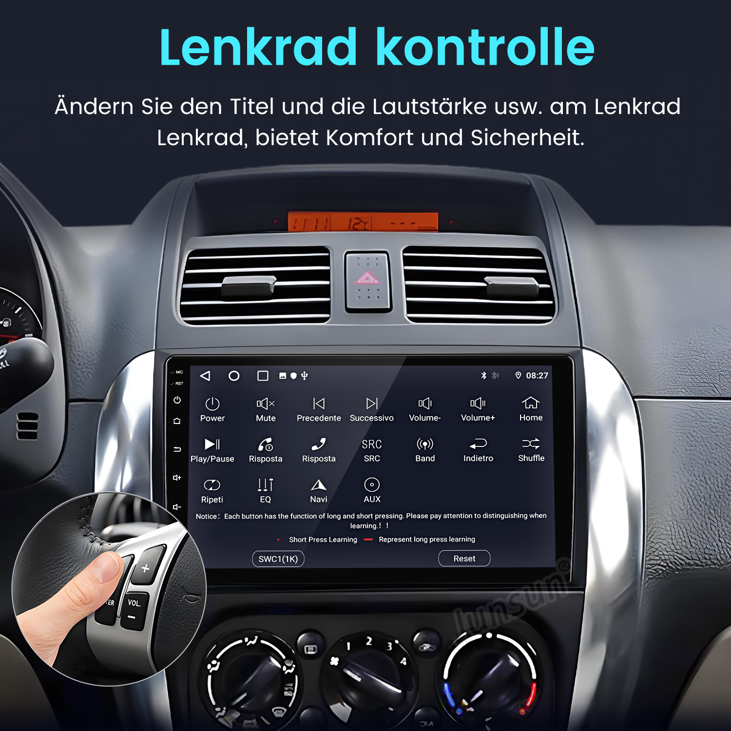 Autointerieur mit Touchscreen-Display, Lenkradbedienelementen und einer Hand, die eine Taste drückt. Text: Lenkrad Kontrolle.