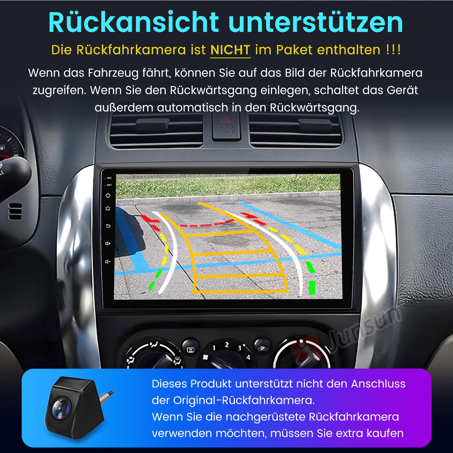 Armaturenbrett mit Bildschirm, der eine Rückfahrkameransicht zeigt, eine Kamera und deutscher Text über die Funktion.