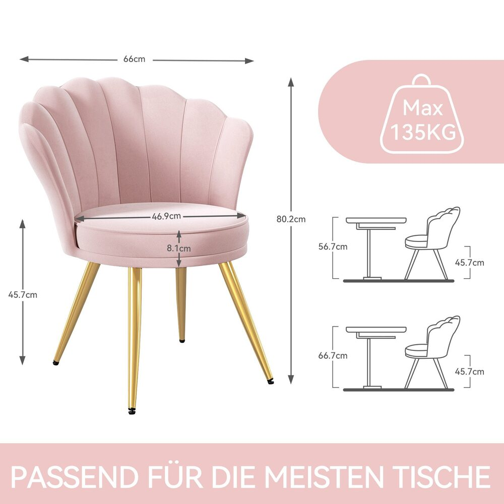 Ein rosa Samtstuhl mit goldenen Beinen, Maße beschriftet. Max. Gewicht 135 kg. Diagramme der Stuhlgröße und Text: passend für die meisten Tische.