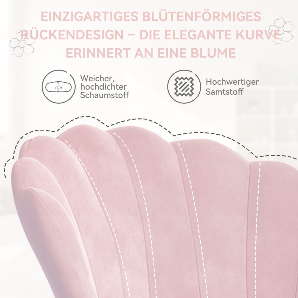 Nahaufnahme eines rosa, blütenförmigen Stuhlrückens. Text beschreibt weichen Schaumstoff und Samt. Das Design ähnelt einer Blume.