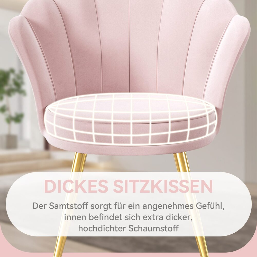 Ein rosa Samtstuhl mit goldenen Beinen. Der Sitz hat eine weiße Gitterüberlagerung. Text unten: 'Dickes Sitzkissen'.