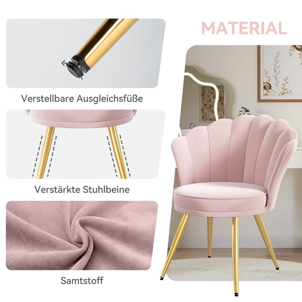 Rosa Samtstuhl mit goldenen Beinen. Details zeigen verstellbare Füße, verstärkte Beine und Nahaufnahme des Samtmaterials.