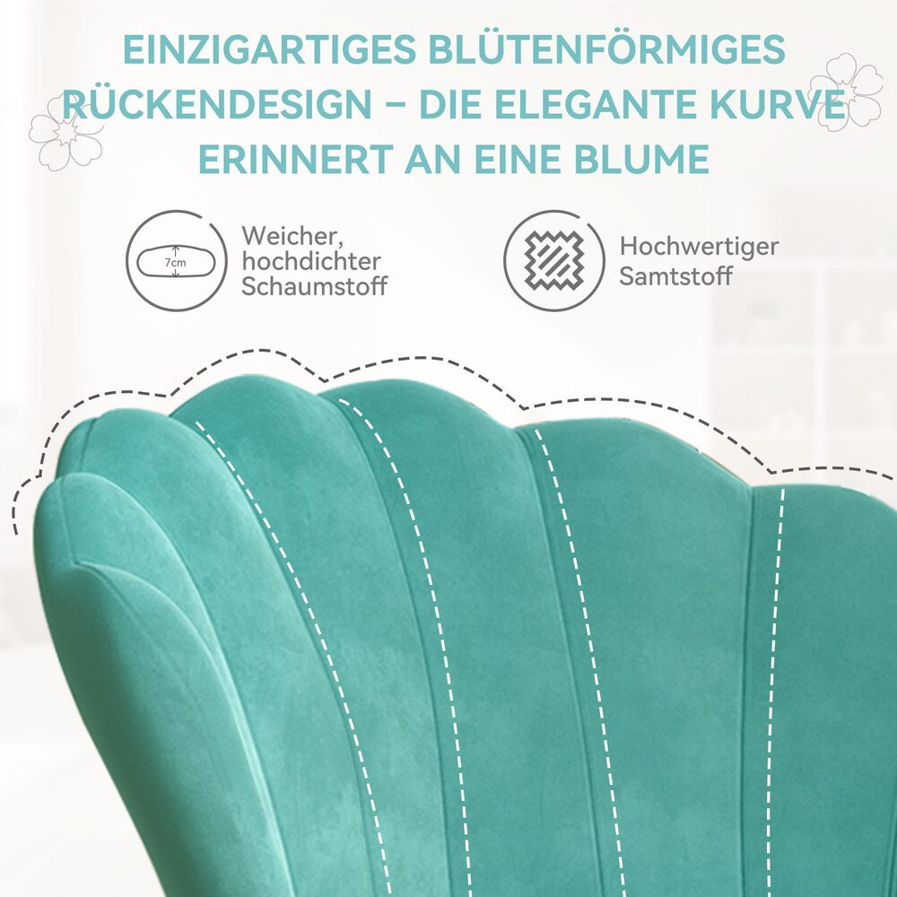 Nahaufnahme einer tealfarbenen Stuhllehne mit blumenförmigem Design. Text weist auf weichen Schaumstoff und hochwertigen Samt hin.