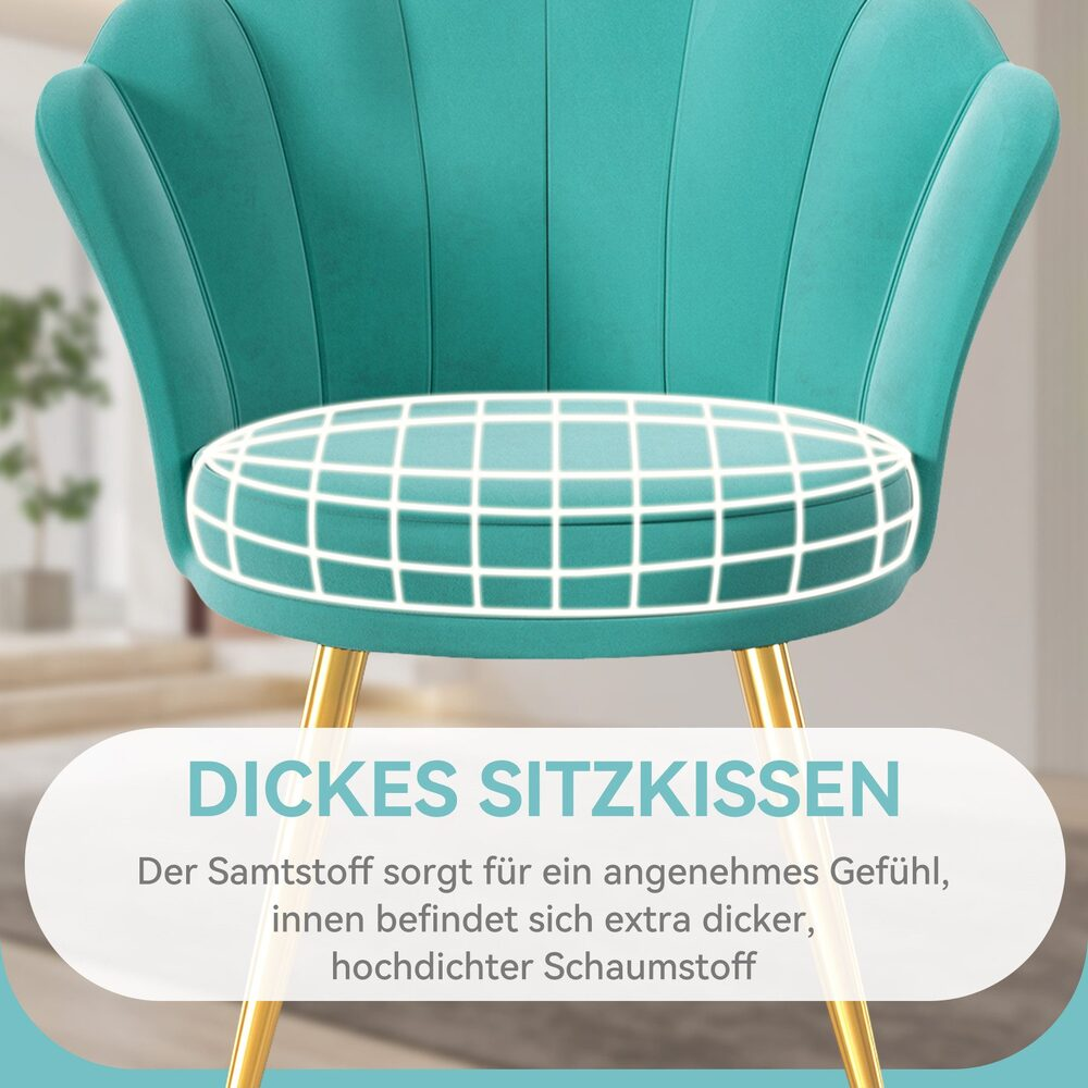 Ein türkisfarbener Samtstuhl mit goldenen Beinen. Der Sitz hat ein hervorgehobenes Gitter. Text: Dickes Sitzkissen, angenehmes Gefühl, hochdichter Schaumstoff.