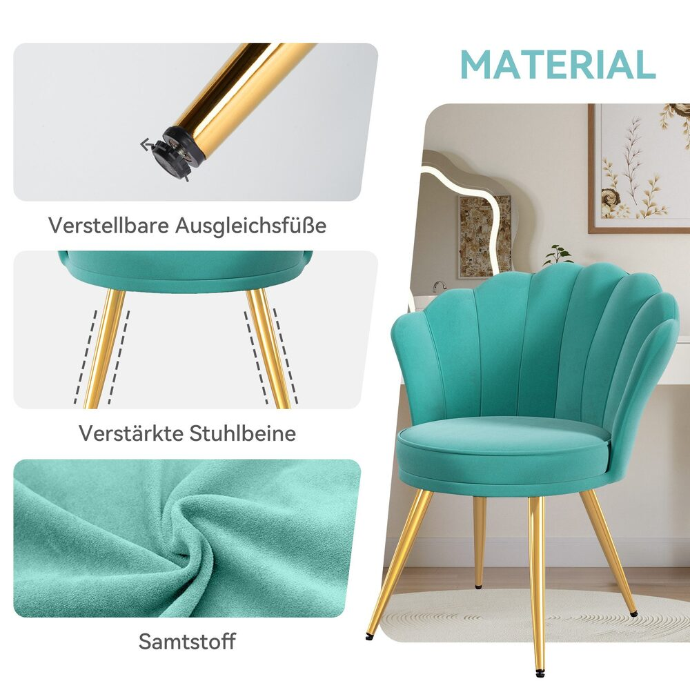 Ein türkisfarbener Samtstuhl mit goldenen Beinen. Details zeigen verstellbare Füße, verstärkte Beine und Samtmaterial. Der Hintergrund zeigt einen Schminktisch.