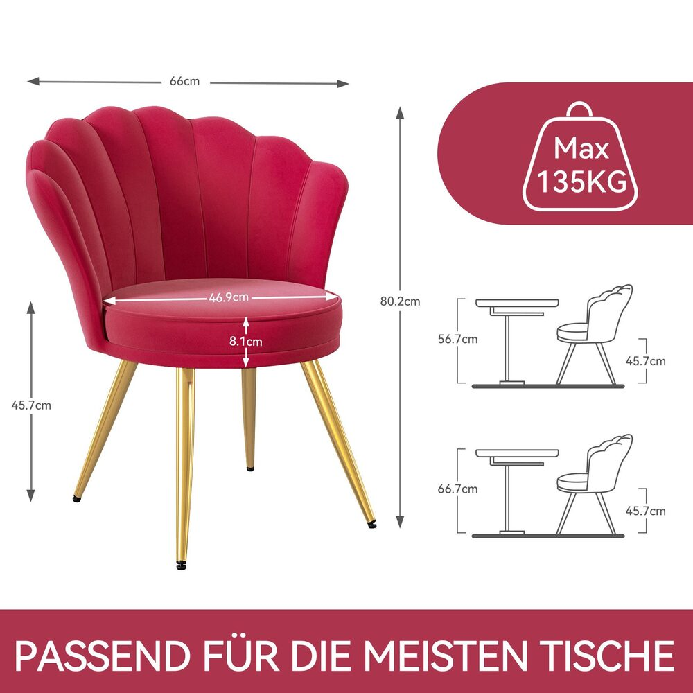 Ein roter Stuhl mit goldenen Beinen, Diagramme und Text mit der Aufschrift 'PASSEND FÜR DIE MEISTEN TISCHE' und 'Max 135KG'.