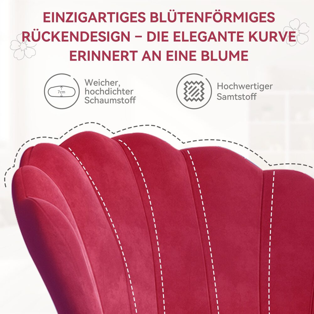 Nahaufnahme einer roten Samtlehne. Sie hat ein einzigartiges blütenblattförmiges Design mit Text und Diagrammen, die Merkmale wie Schaumstoff und Stoff anzeigen.