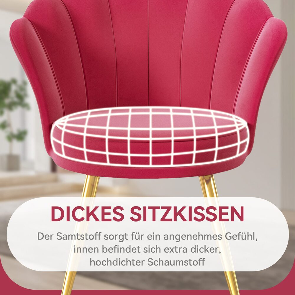 Ein roter Samtstuhl mit goldenen Beinen, ein dickes Kissen wird hervorgehoben. Text sagt 'Dickes Kissen' und beschreibt das Material.