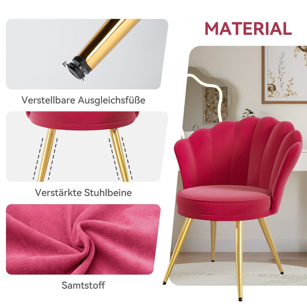Ein pinkfarbener Samtstuhl mit goldenen Beinen. Details zeigen verstellbare Füße, stabile Beine und das Samtmaterial.