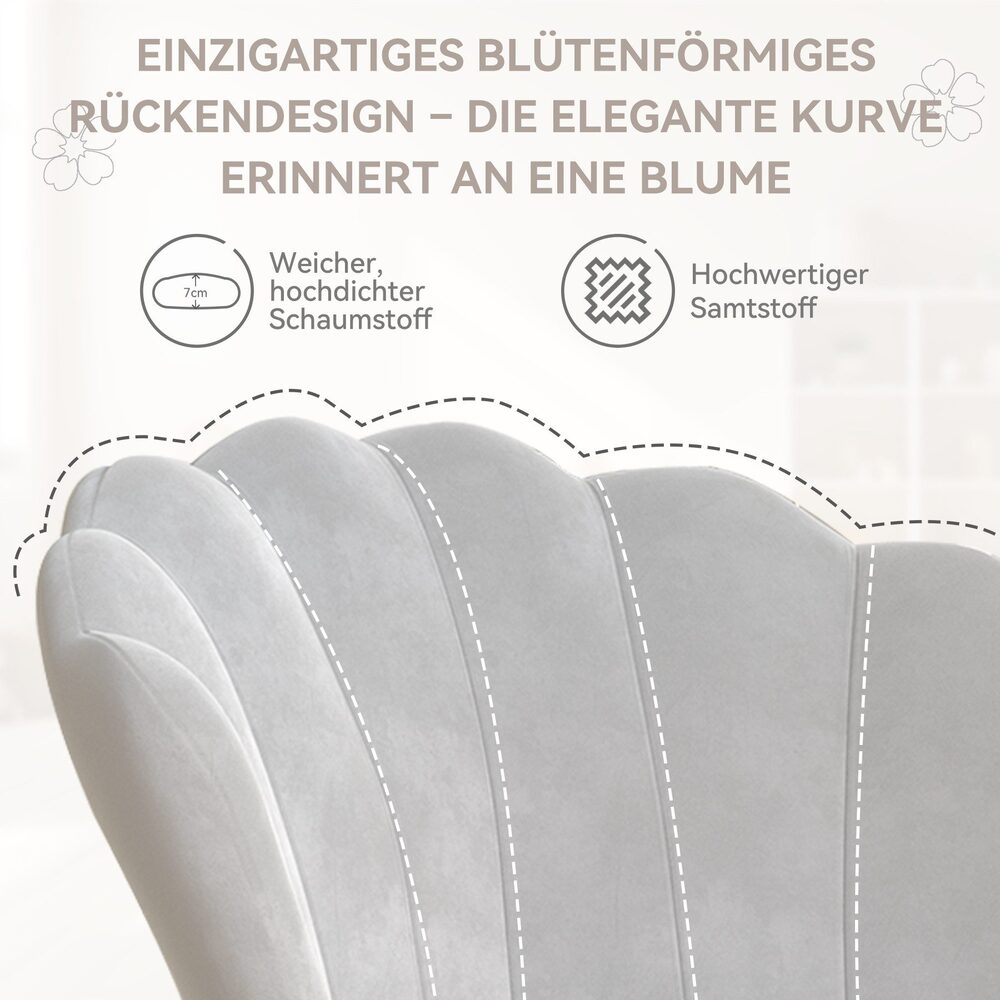 Nahaufnahme einer grauen, blütenförmigen Stuhllehne. Text beschreibt Merkmale wie weichen Schaumstoff und hochwertigen Samtstoff.