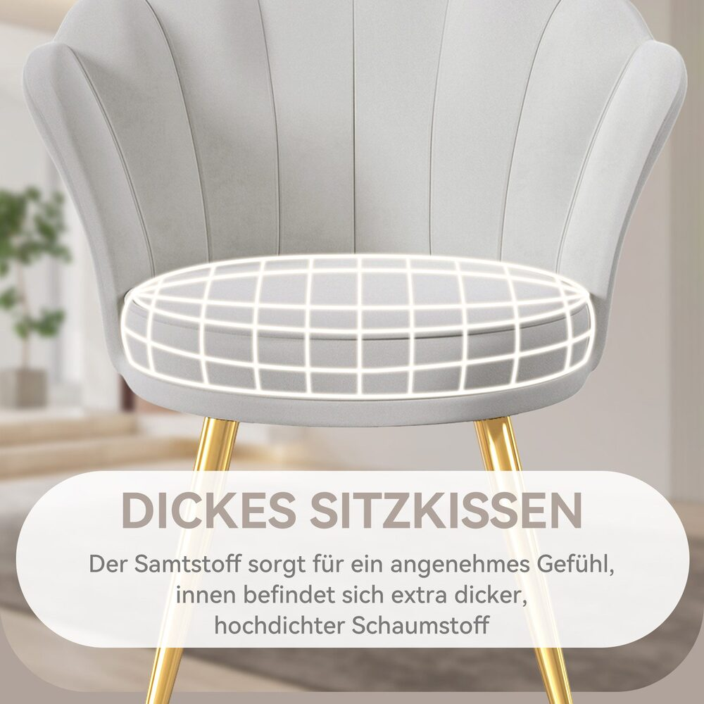 Ein grauer Samtstuhl mit goldenen Beinen. Der Sitz ist hervorgehoben, und der Text besagt, er habe einen dicken Schaumstoff für Komfort.