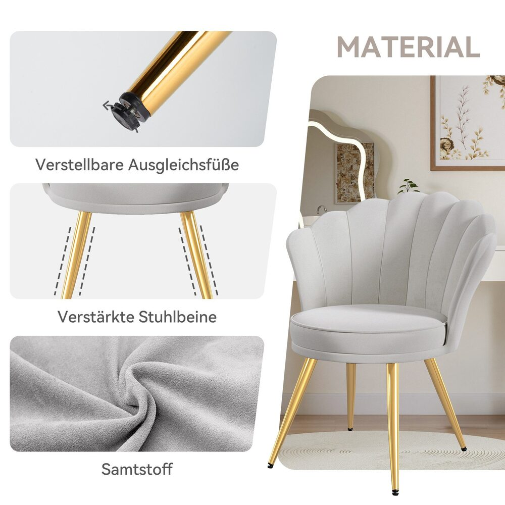 Ein grauer Samtstuhl mit goldenen Beinen wird gezeigt. Details umfassen verstellbare Füße, verstärkte Beine und eine Nahaufnahme des Samtmaterials.