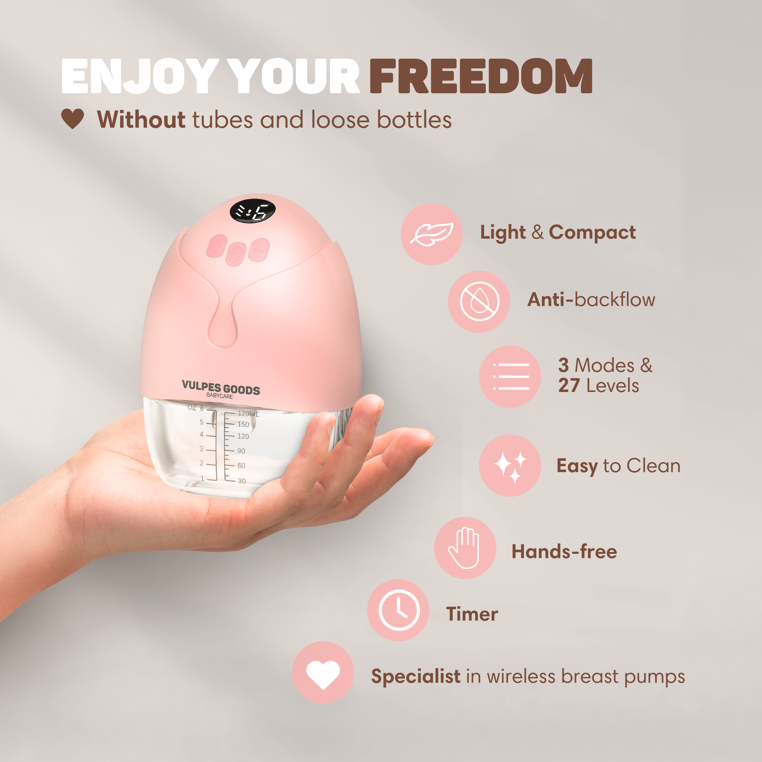 Een roze borstkolf wordt door een hand vastgehouden. De tekst zegt 'Enjoy your freedom' met functies opgesomd.