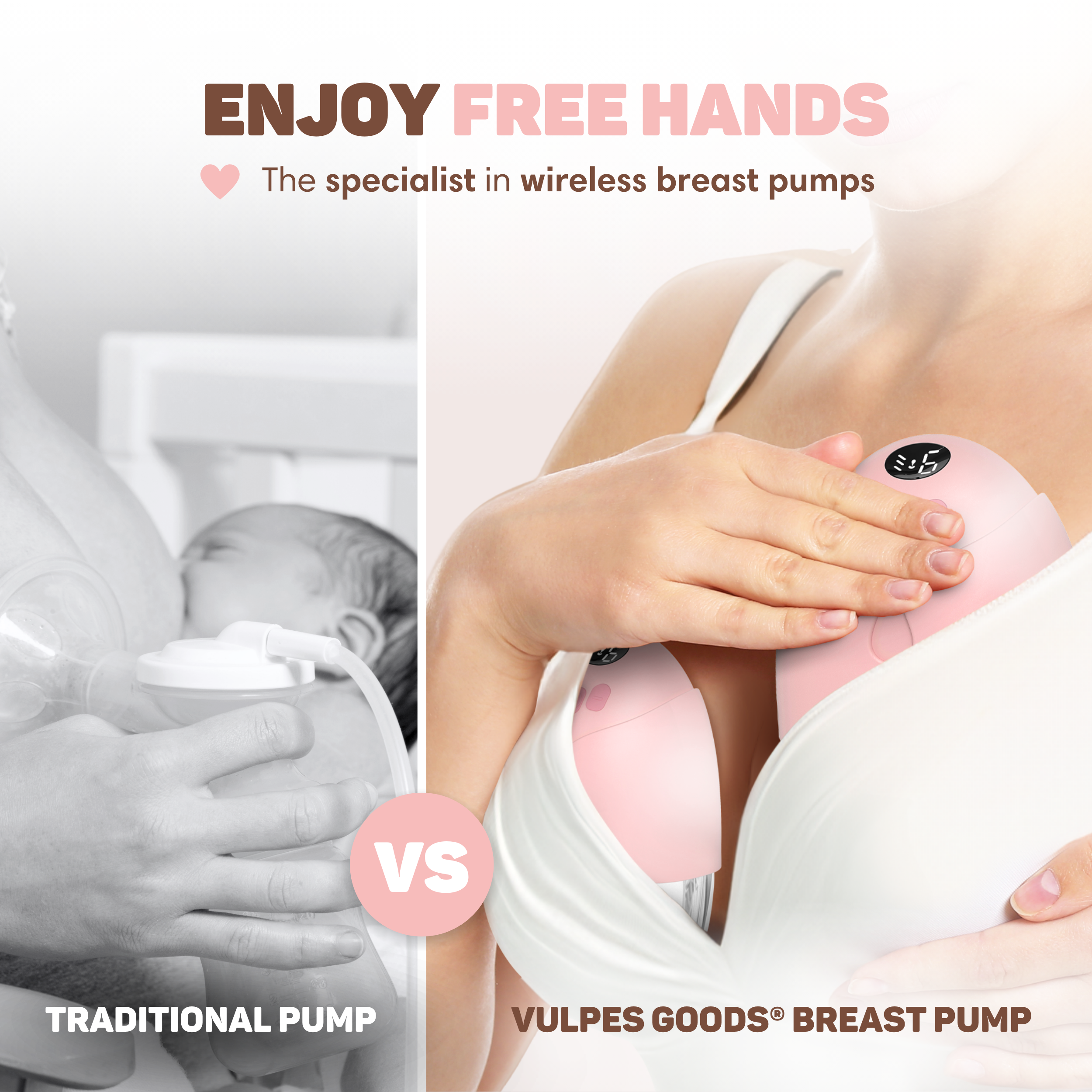 Afbeelding toont een vergelijking: een traditionele pomp vs. een roze draadloze borstkolf van Vulpes Goods.