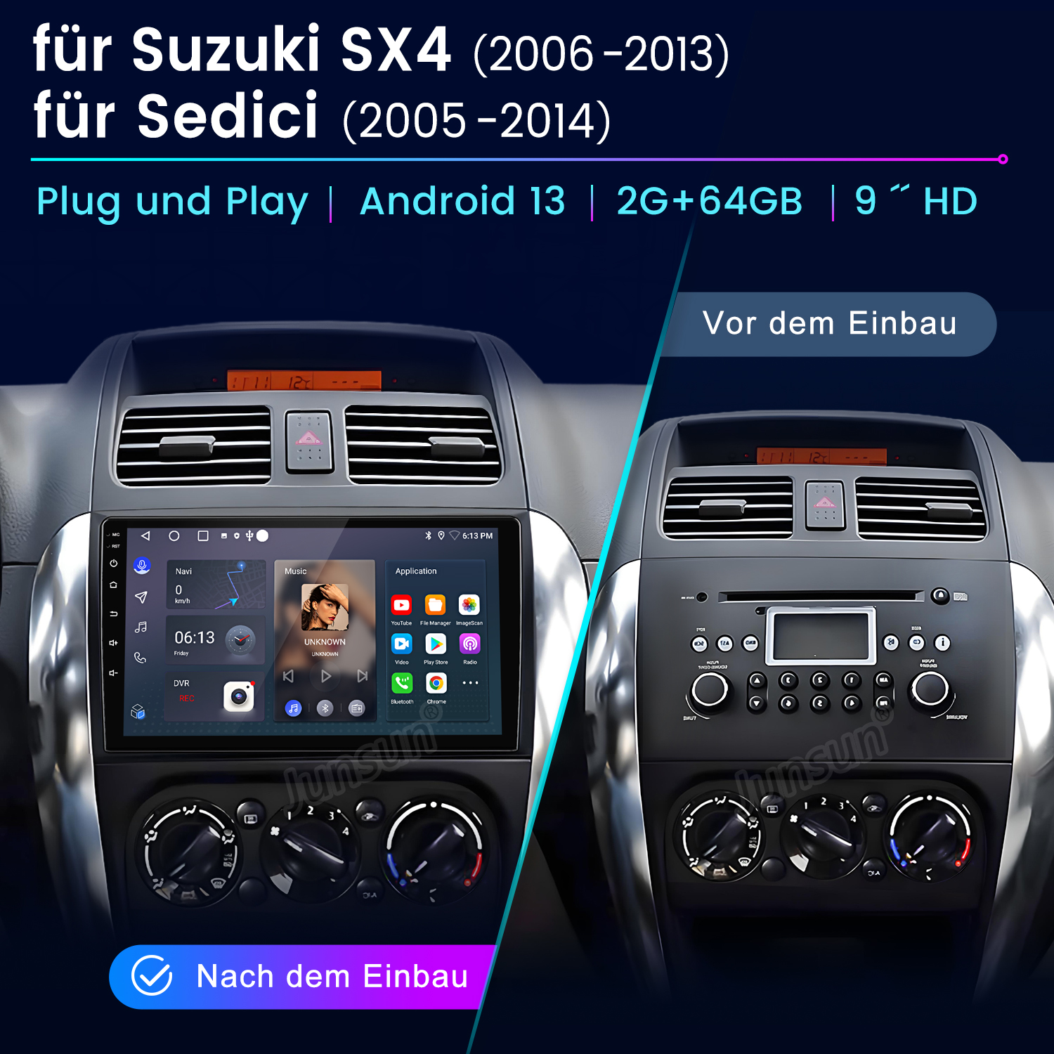 Das Bild zeigt das Armaturenbrett eines Autos. Links ist ein neues Android-System installiert. Rechts ist das alte System zu sehen.