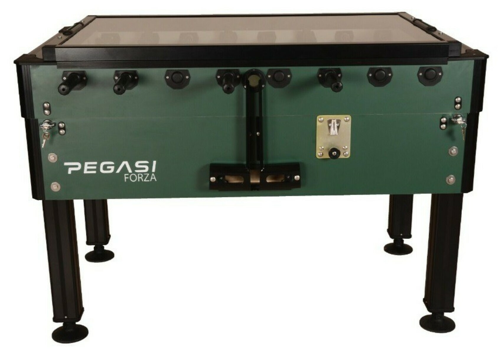 A green foosball table with black legs and handles. The table has a glass top and the brand name is Pegasi Forza.