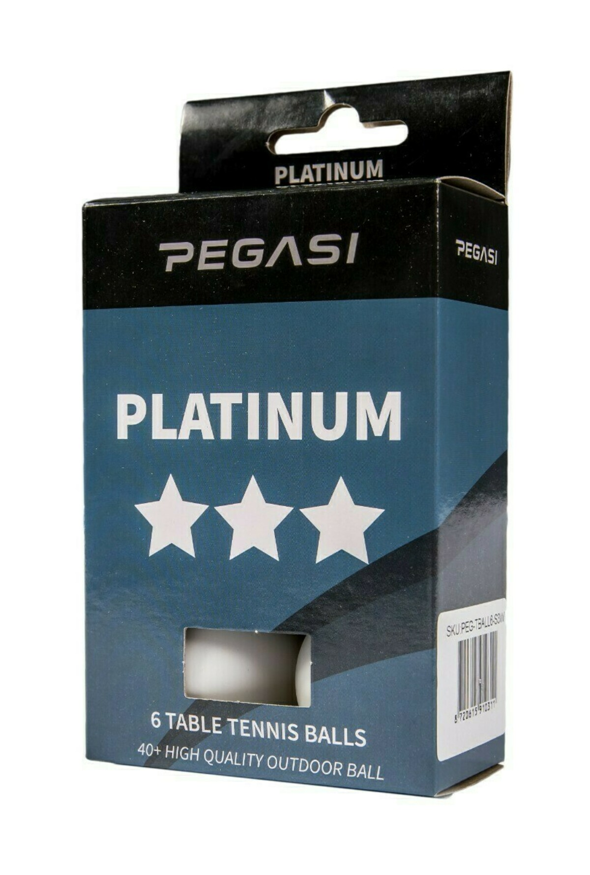 Box of table tennis balls. The box is blue with white text and stars. Brand name is Pegasi Platinum.