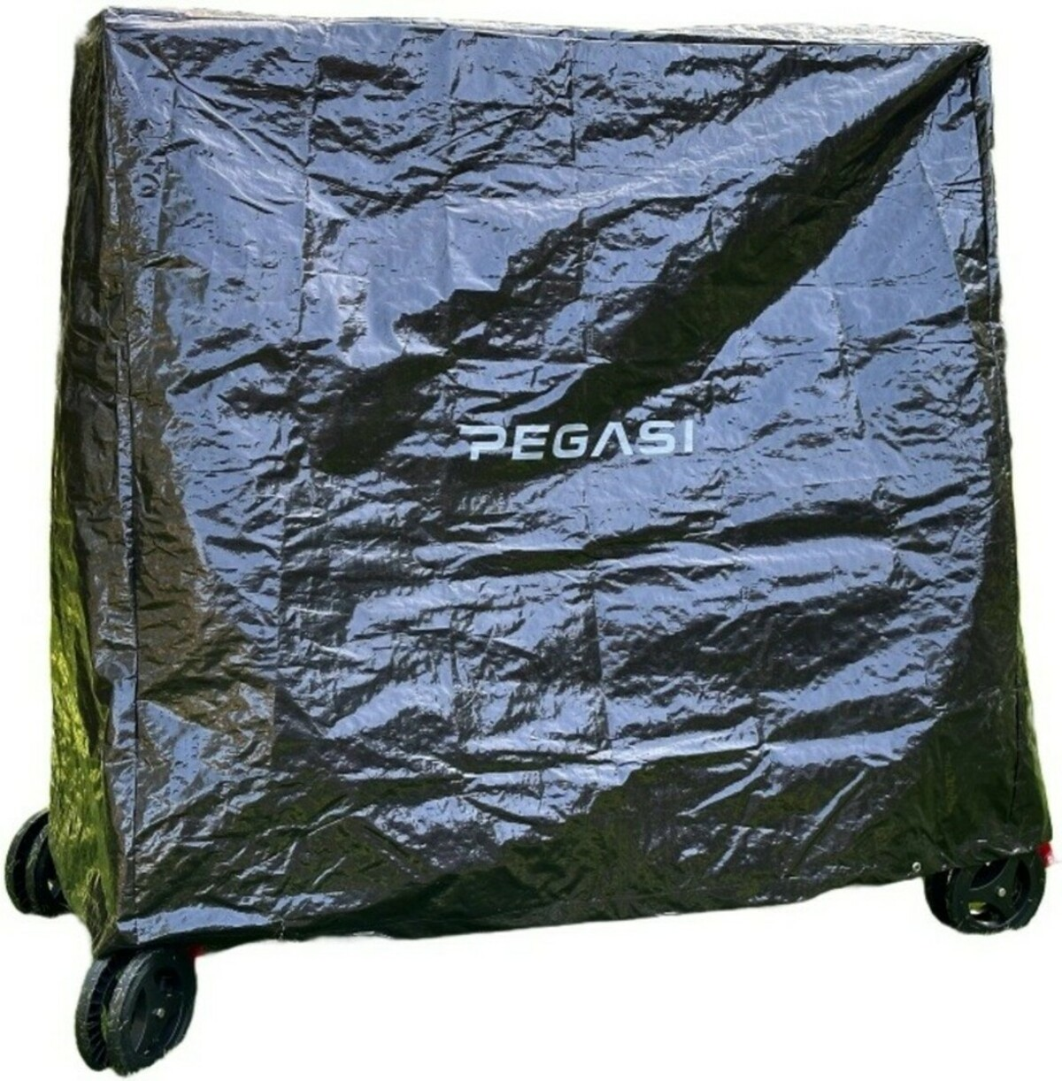 A black cover, with the word 'PEGASI' on it, is placed over an object. The object has four wheels.