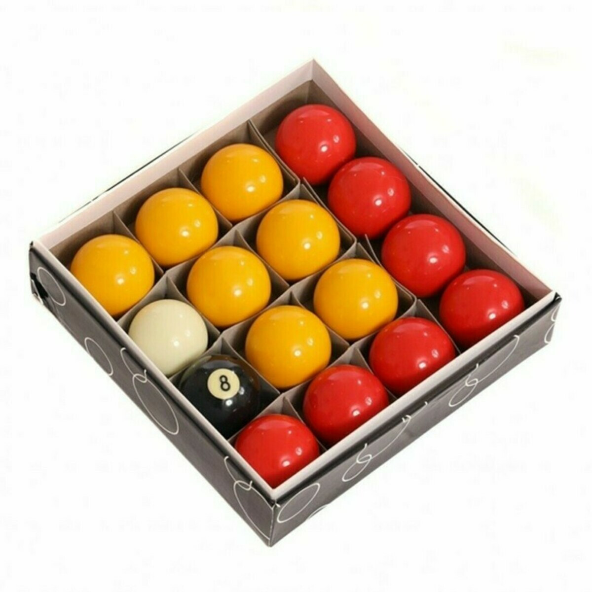 Pool balls in a box. Yellow, red, white, and black with a number 8.