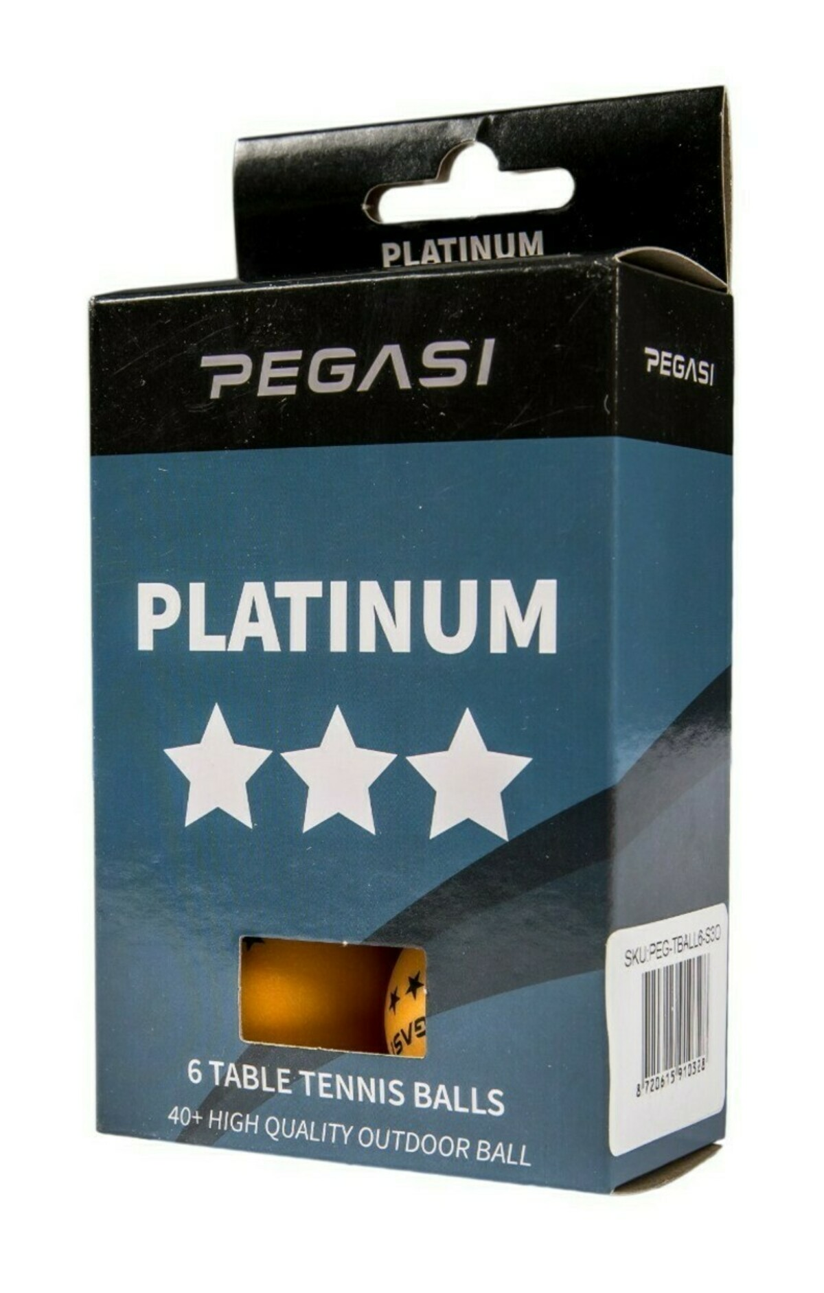 Box of table tennis balls. The box is blue with white text and stars. It has the brand name PEGASI and PLATINUM.