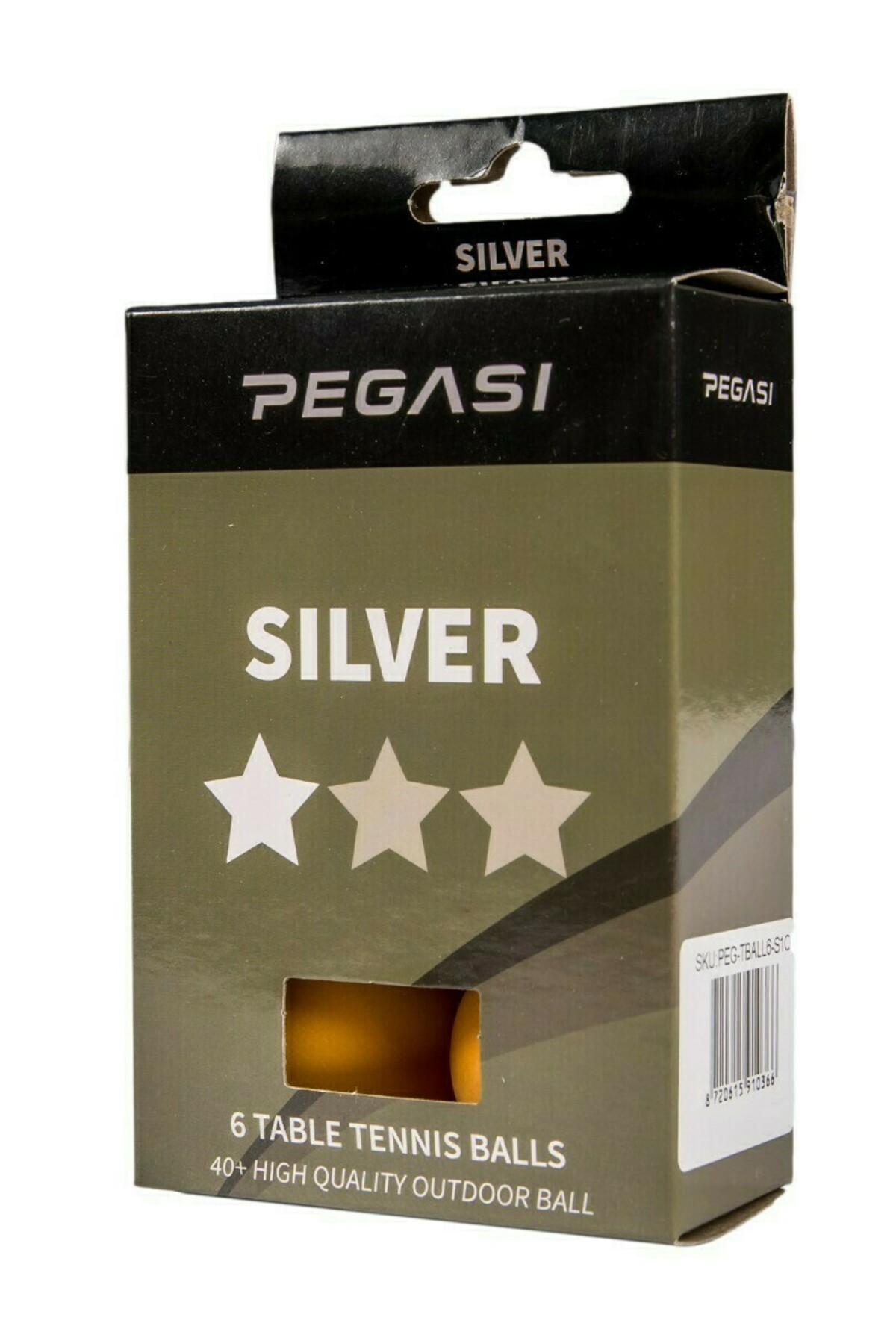 Box of silver table tennis balls, brand Pegasi. It has the word silver and three stars on it. Contains 6 balls.