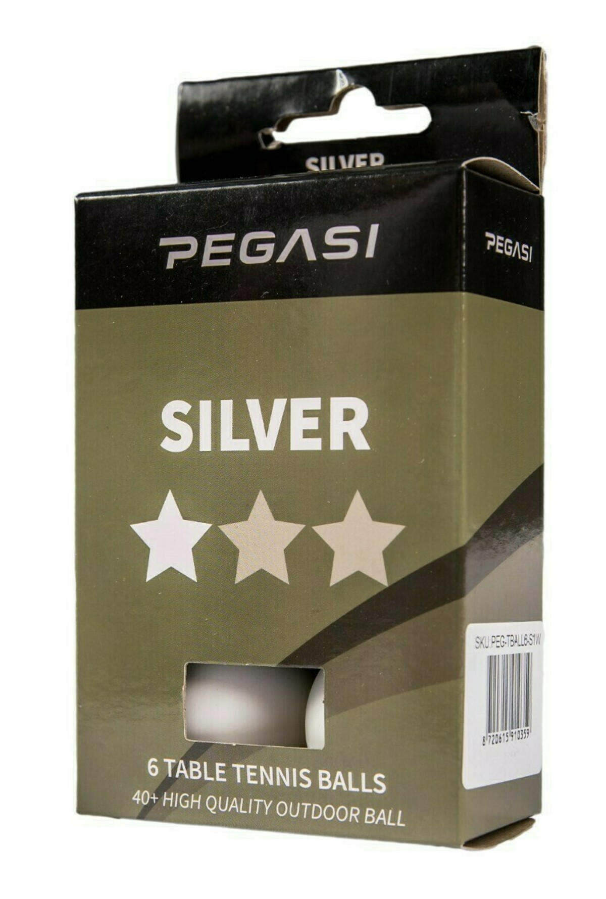 Box of table tennis balls. The box is green with white text and stars. The brand is Pegasi.