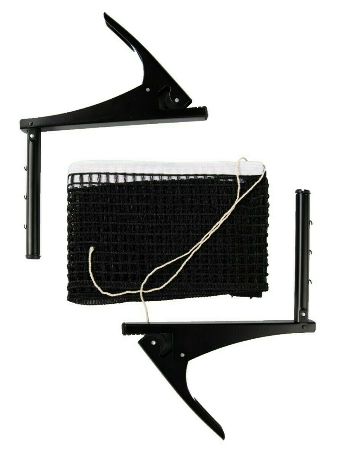 Table tennis net set. Black net with white border, and black clamps and posts. Beige string is attached. Isolated on white.