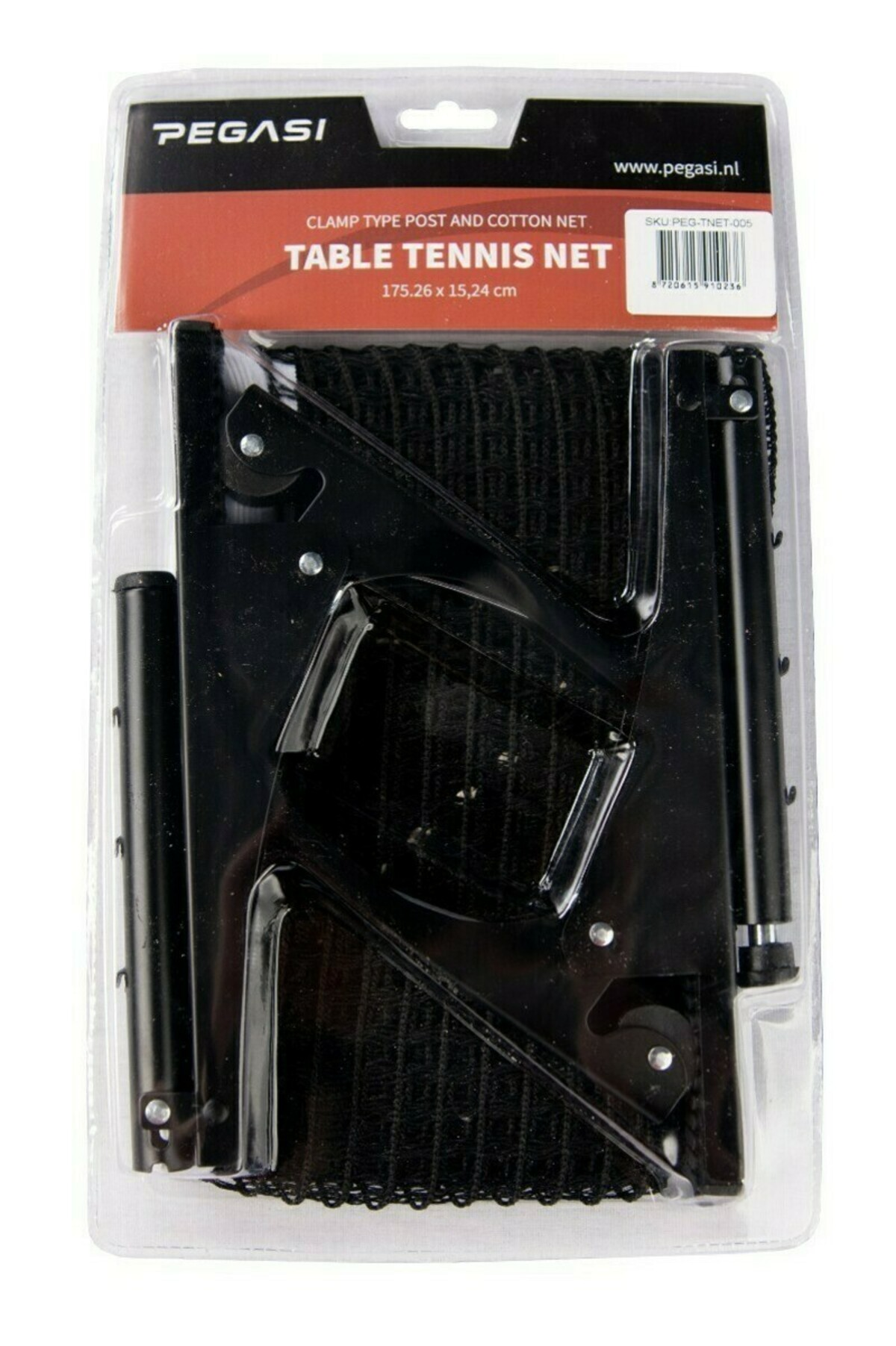 A table tennis net kit in a clear plastic package. The black net, posts, and mounting hardware are visible.