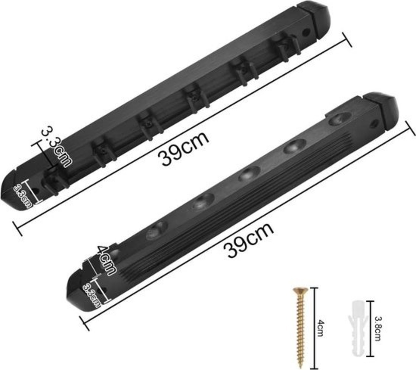Twee zwarte rails van 39 cm lang met haken, afmetingen weergegeven. Inclusief schroeven en pluggen voor installatie.