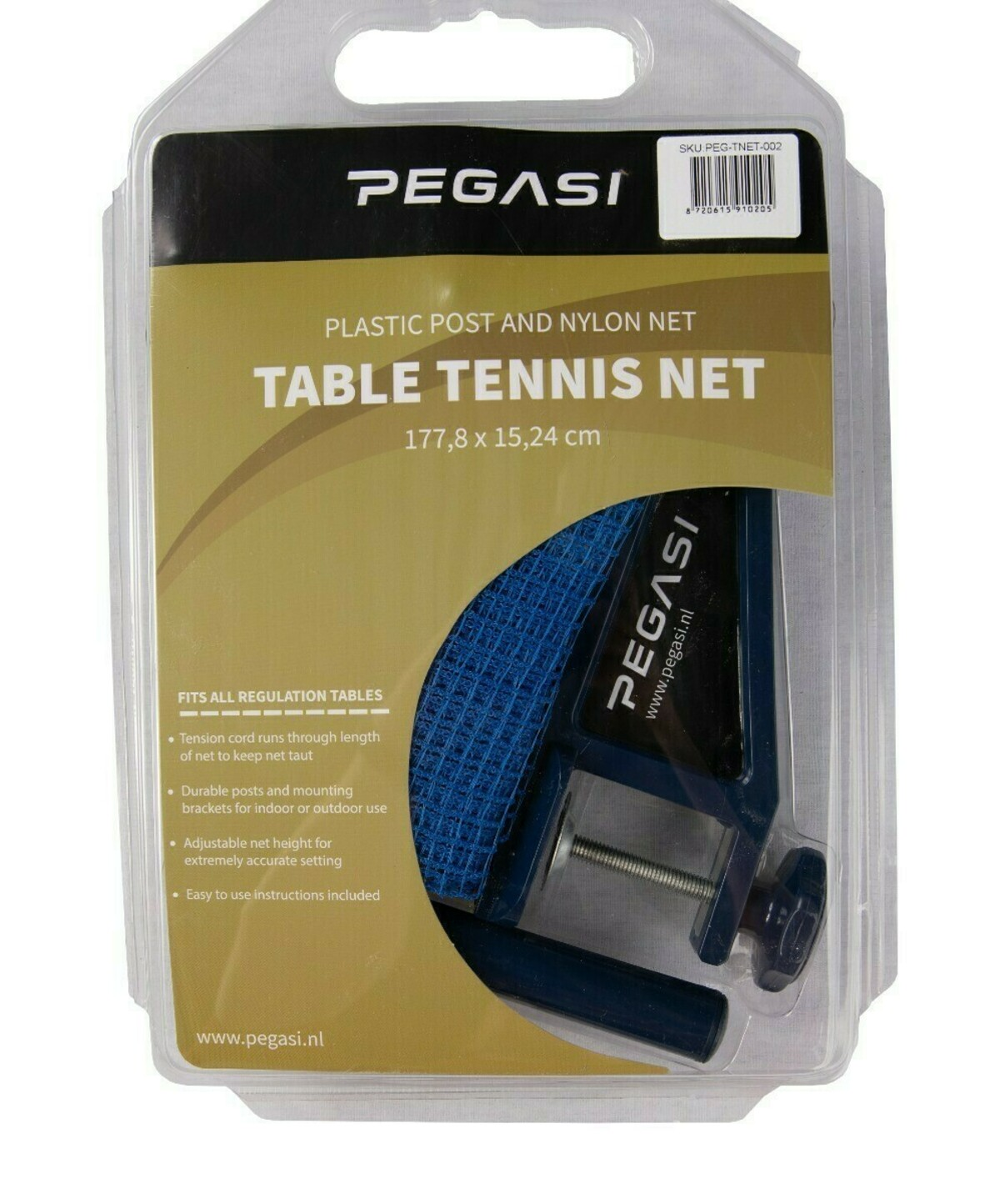 A table tennis net kit in a clear plastic package. The net is blue. The package has the brand name PEGASI and product details.