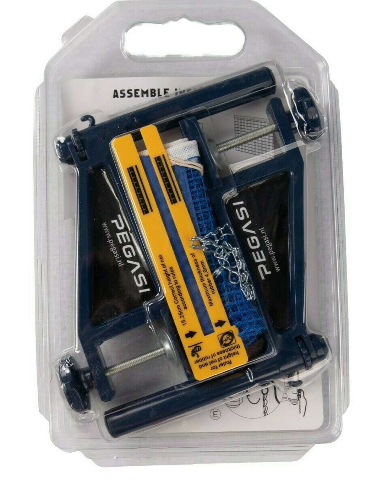 A dark blue tool with yellow ruler, net, and chain, inside a clear plastic package. Text on the tool reads 'PEGASI'.
