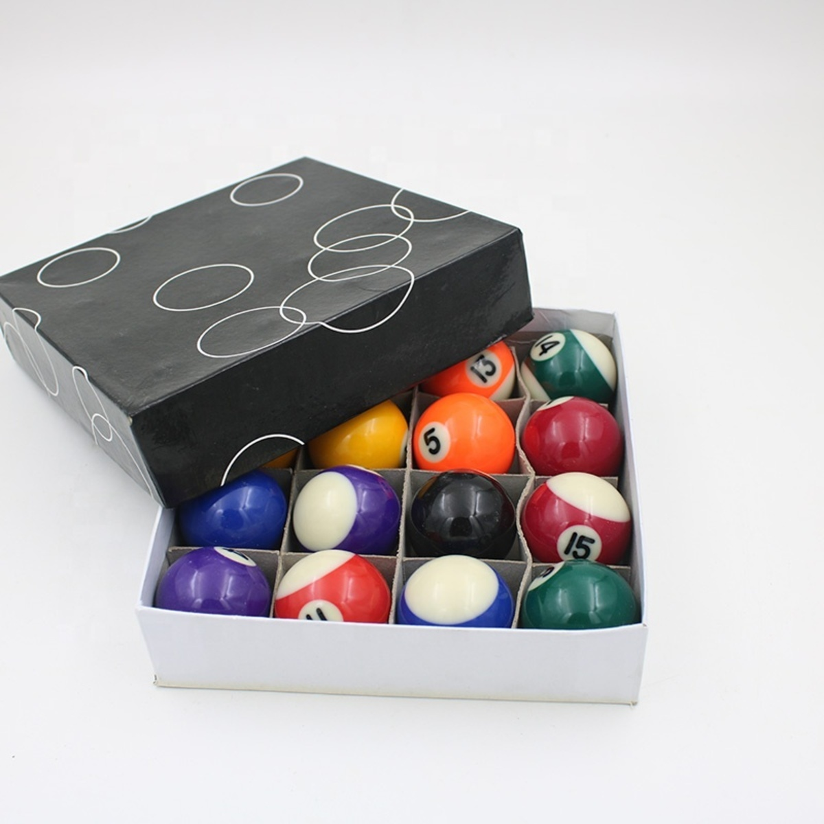 Een doos met biljartballen, elk met een nummer, in een witte doos. De doos heeft een zwart deksel met witte cirkels.