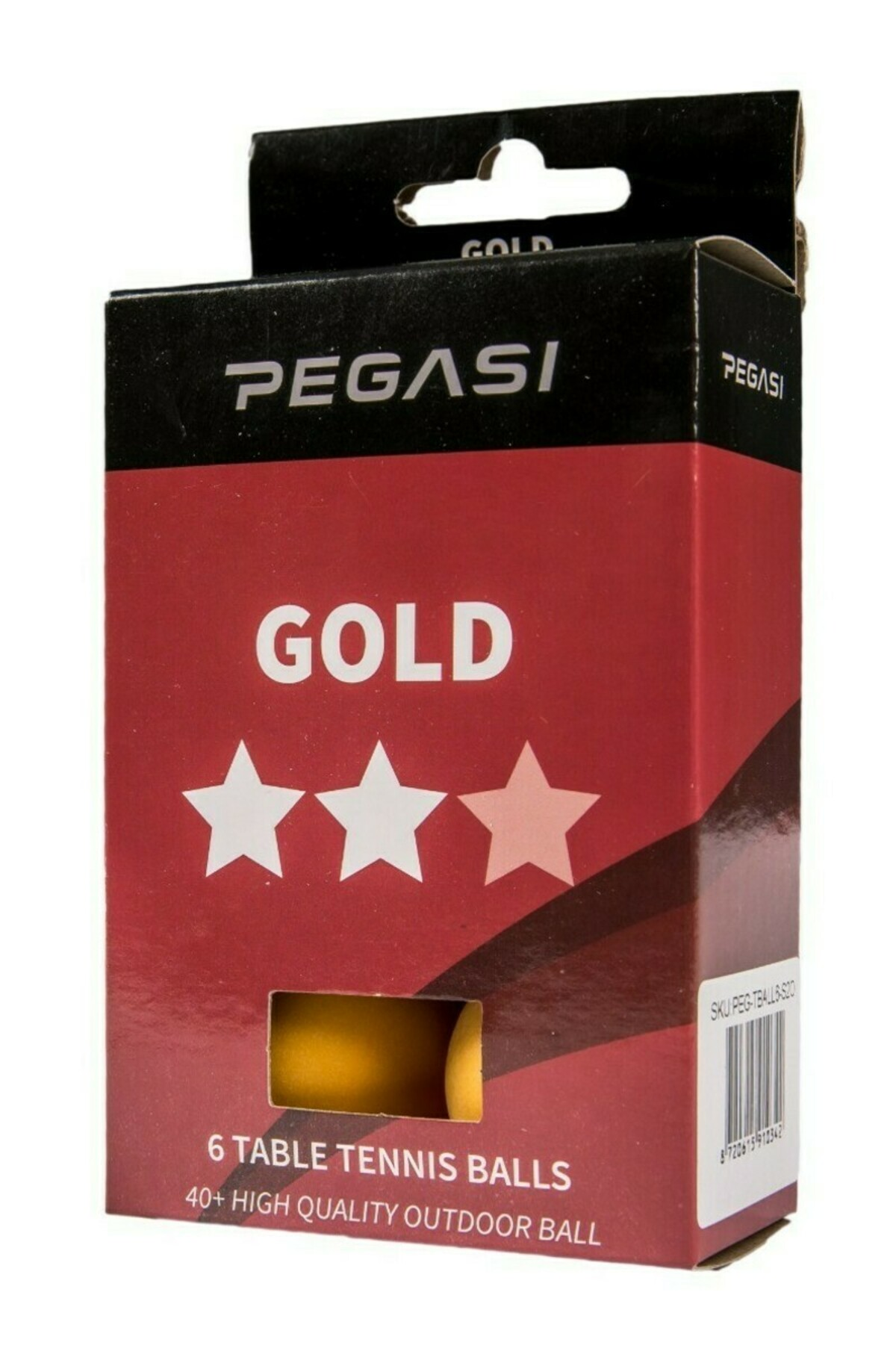 Box of 6 table tennis balls. The box is red with white text and stars. The brand name is Pegasi Gold.