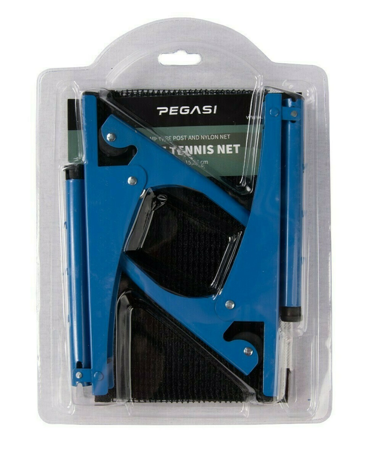 A blue tennis net set in plastic packaging. The net is black. The packaging says 'PEGASI' and 'Tennis Net'.